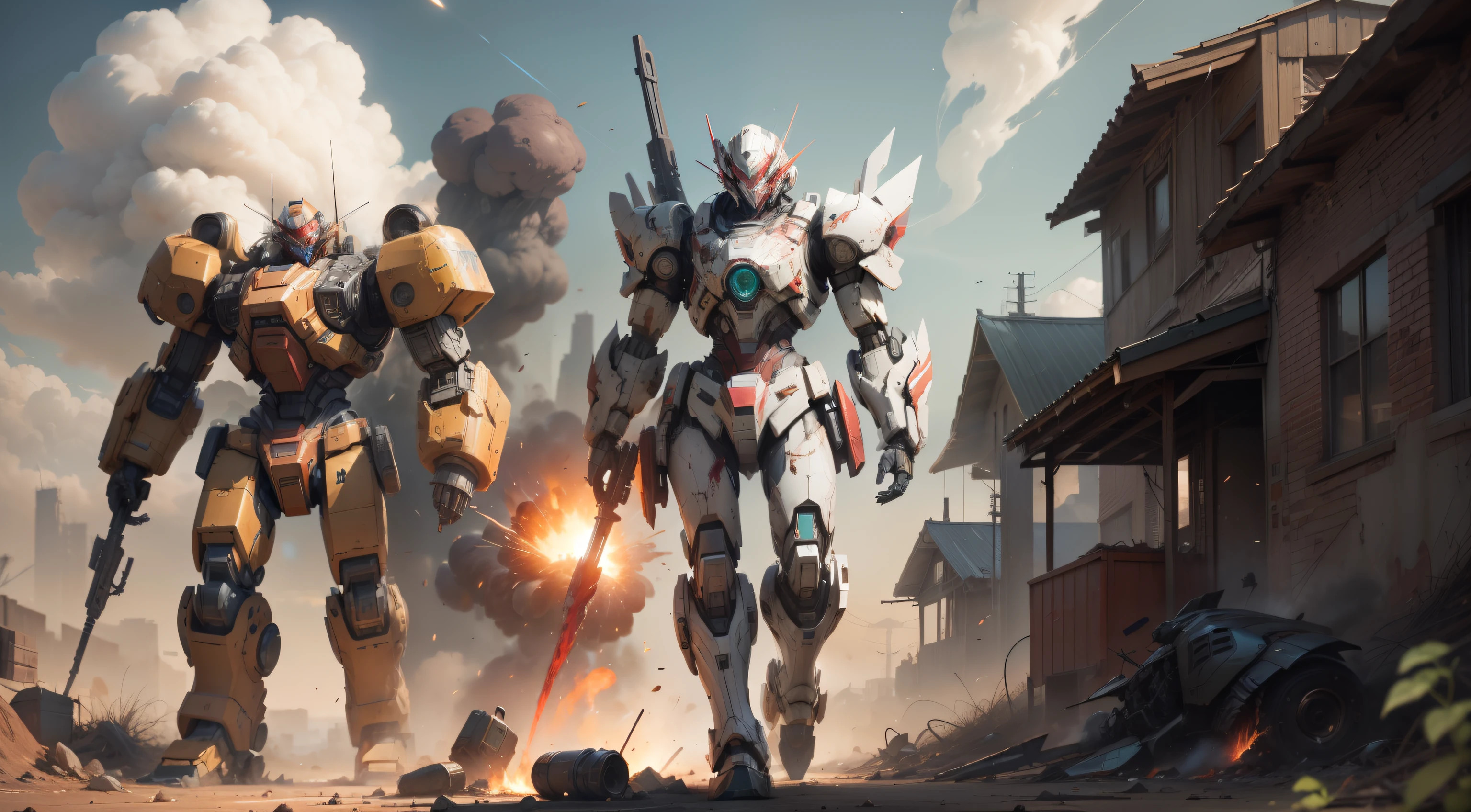 Look up at the perspective，（Digital artwork：1.3）（a sketch：1.1）Octane renders a wasteland，Swirling thick clouds，smog，Flying machines in the sky fierce battle，weed，Dilapidated houses，gravel path，Sunset，dark red color，（（A girl in a combat uniform stood in front of the badly damaged and broken mech）），（（The girl's long messy hair fluttered，Blood，closeup cleavage）），（Stubborn），（Steadfast），（blood stains at the corners of the mouth），（Messy long hair flying），（（（The mech was spattered with blood））），（Mars splashes），（（Broken upper body mech，Dropped mech fragments）），（Exposed wires），（（Mecha is depicted finely）），（（（super-fine））），shot at 8k resolution，petrol liquid，Firelight，Missiles streaked across the sky，weeds，gravel path，blasts，splashart，（（Dynamic speed lines：1.2）），Lithography in intricate details，dongh（Light particles：1.2），（game concept：1.3），（depth of fields:1.3),Global illumination,detail-rich，Trends on ArtStation，Epic shooting，Cinematic lighting