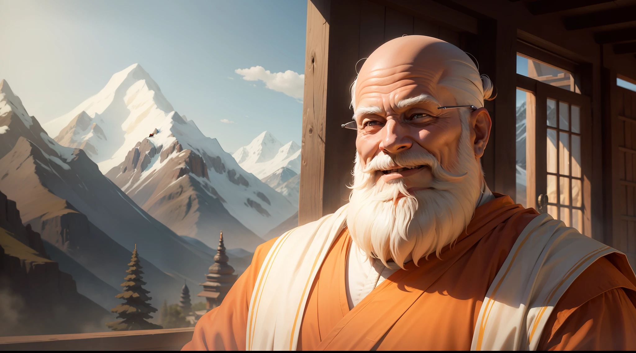 Image shows an old monk, With white beard, wearing long orange clothes, traditional dress of Sholin Buddhist monks, with expression of joy on his face and smiling at the image, In the background of the image, mountains disappearing in the eyes, the image should be highly realistic and cinematic quality, with attention to detail in the face, especially the eyes, nose and mouth, attention to detail in the body, in lighting, materials and composition.
