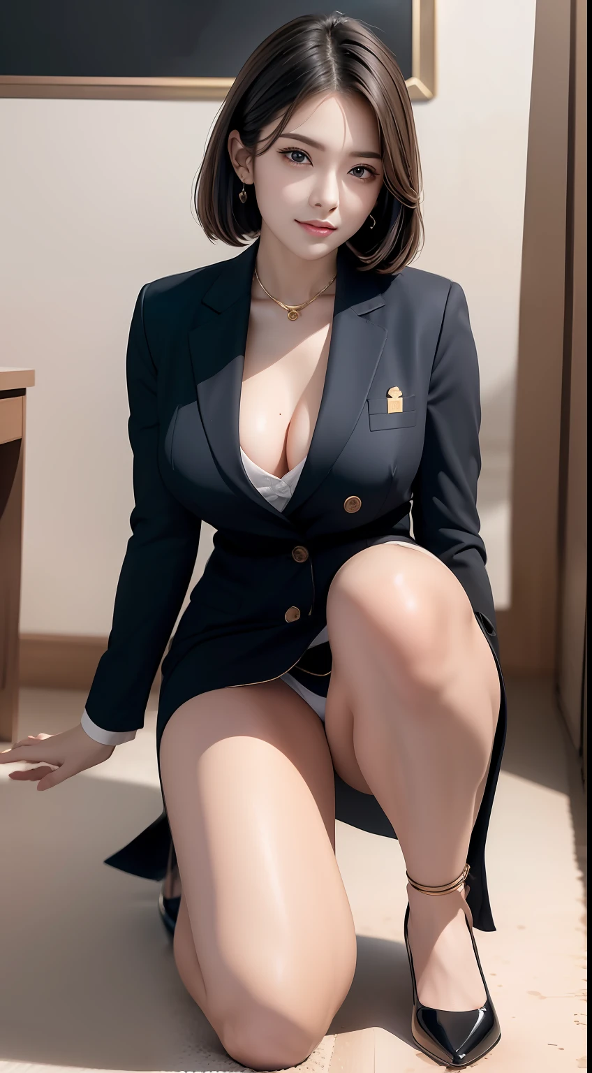 (Masterpiece:1.2), (Best quality), (Full body like:1.3) ,(Ultra detailed), (8K, Intricate), (Lens 135mm,F1.8), (Photorealistic)(Black background:1.3), Portrait photography,(dynamicposes),Side lighting,Edges are lit,Best shadow,Area light source,Perfect anatomy,Perfect face shape,Perfect for women,First-class female body,Refines skin texture,Fine cloth pattern,Meticulous beauty,Delicate and delicate skin,highlydetailed skin,paleskin,Delicate hair,glistning skin,top Quority, realisticlying, 8K, k hd, 1 rapariga, Female pervert, (Full body like:1.3), schools,痴女, blazer jacket, 校服,Visible nipple, with no underpants, The skirt is boldly pulled up, ((sit on chair,legs are open)), bend the knees and open the legs, The hairstyle is slightly shorter, Open your legs by grasping your knees with your hands, Buttoned shirt flutters