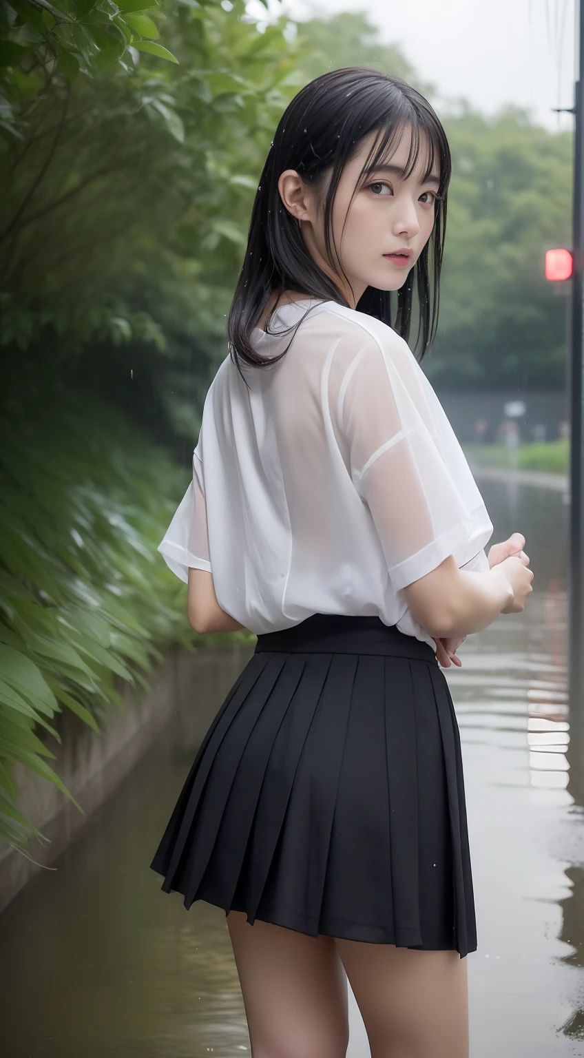 (((Top image quality、8K、1人の女性)))、japanes、((The whole body is visible、clothes wet))、独奏、1 female、A woman is photographed alone、cute little、ren、Beautuful Women、Beautie、Double eyelids、full body Esbian、1:3、((Wearing a uniform))、Shoes are also in the photo、dark sky、rain is falling、夏天、Plum rain、shortsleeves、The face is orderly、japanes、(Underwear with a faint sheer feeling)、Sheer in a white shirt、short white sleeves、wearing skirt、Hair is wet、More transparent shirt、shelter、rain is falling、NSFW、posterior view、(Turning around)