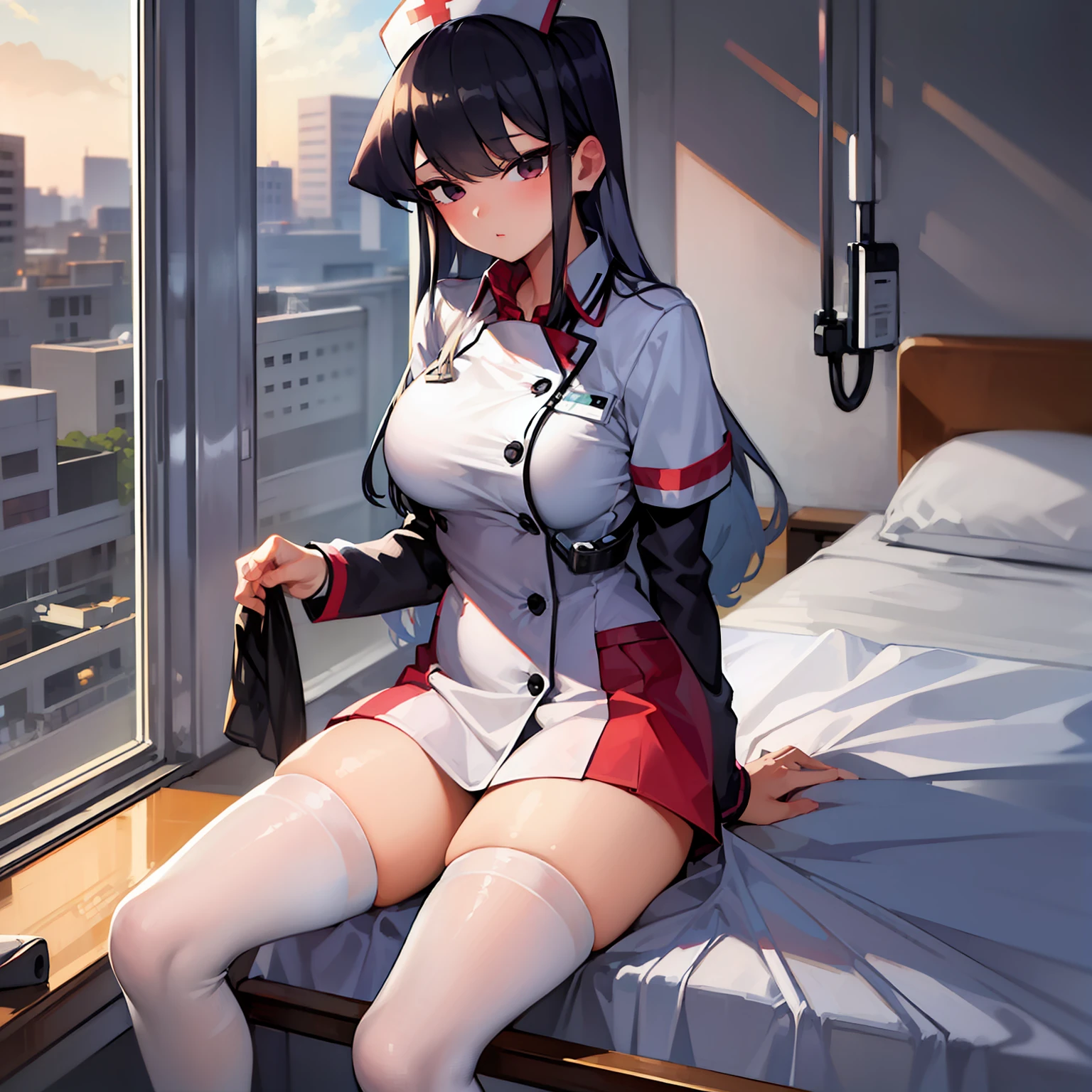 pixel-Komi-Shuuko, 1girl, solo 1girl, nurse's uniform, white stockings, hospital, masterpiece, best quality