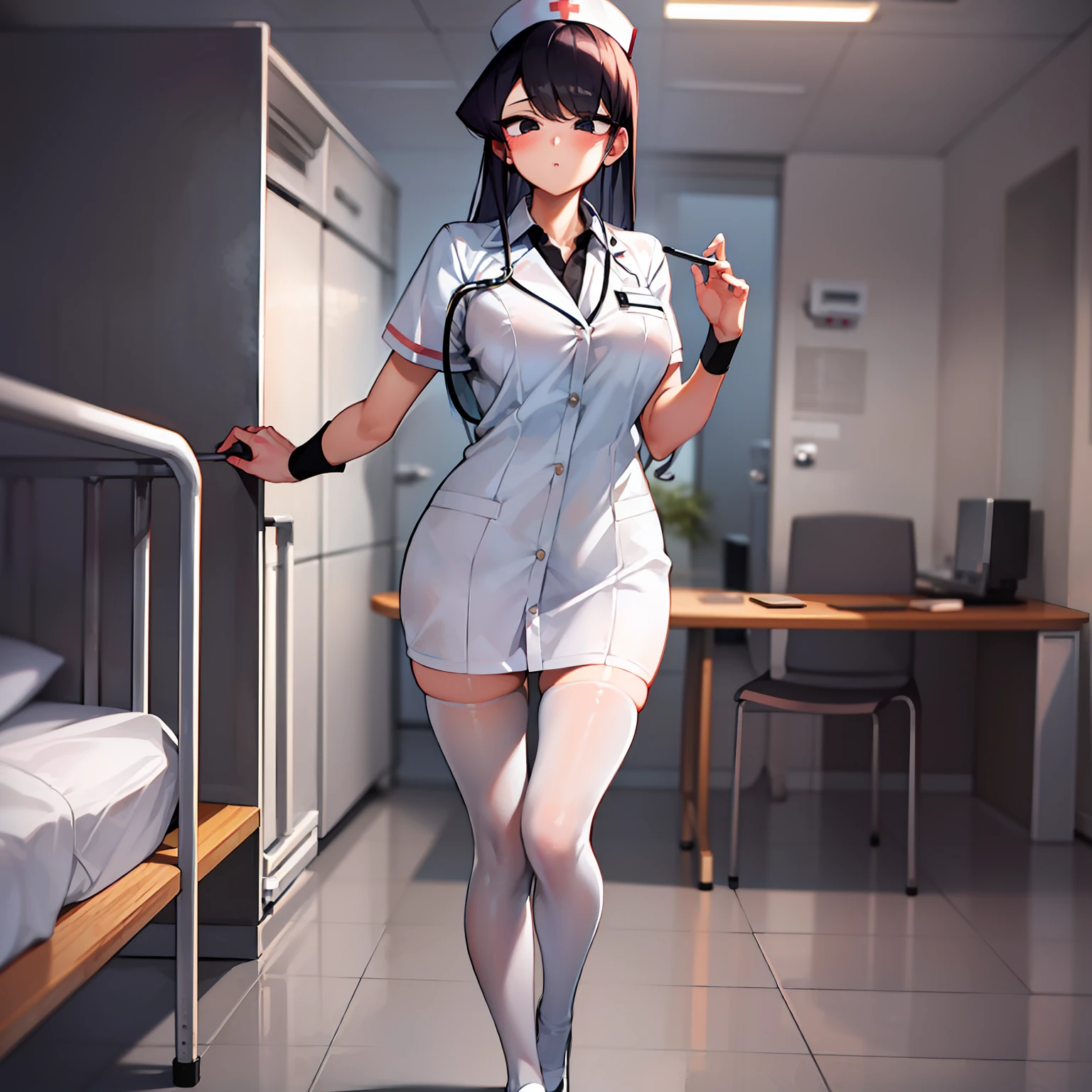 pixel-Komi-Shuuko, 1girl, solo 1girl, nurse's uniform, white stockings, hospital, masterpiece, best quality