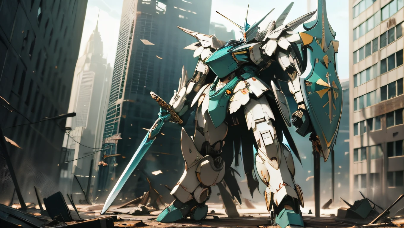 a teal mecha giant robot with a sword and a shield, standing, in a destroyed metropolis