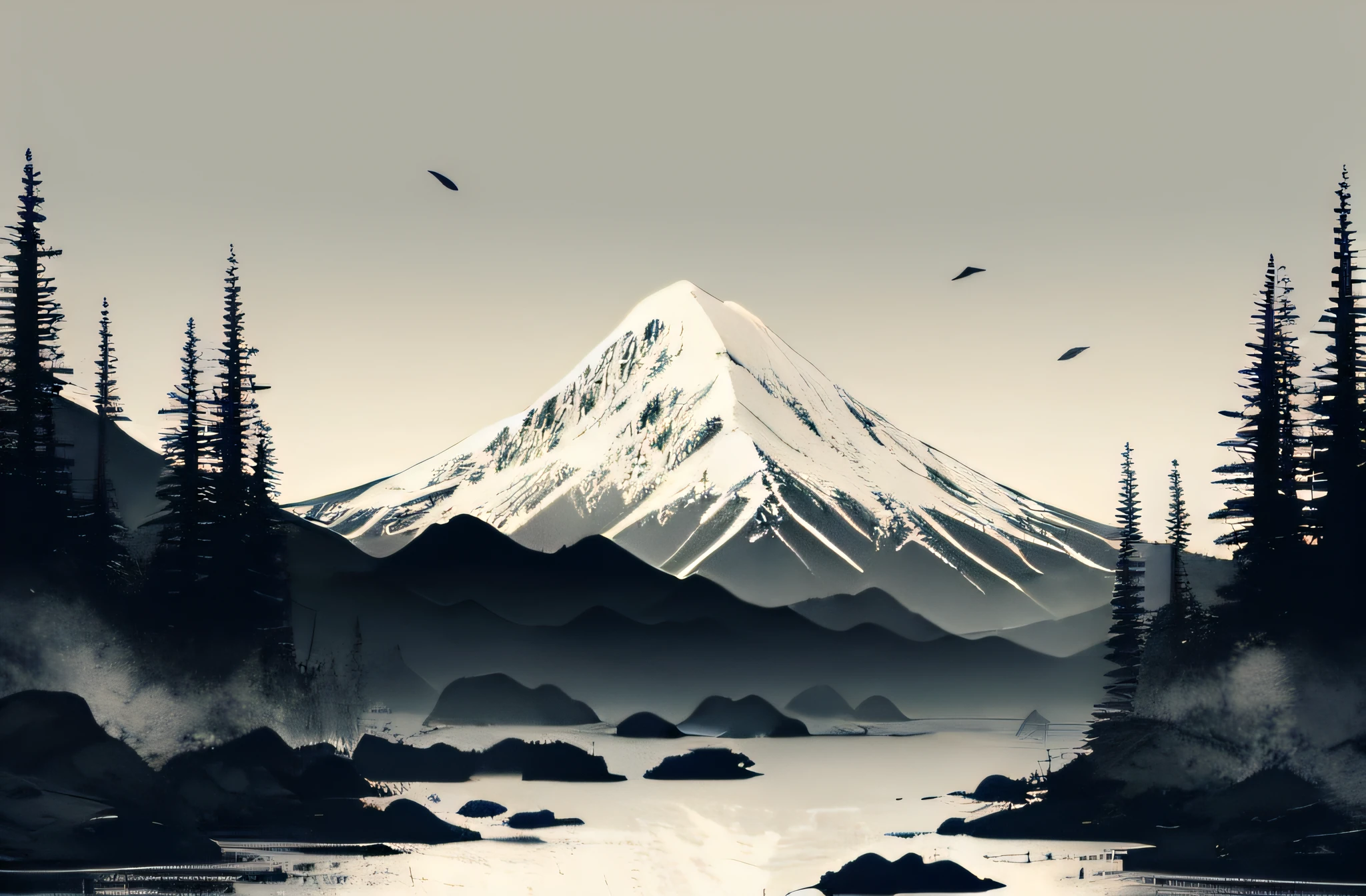 white background, scenery, ink, mountains, water, trees