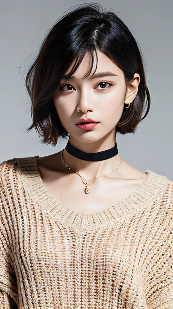(best qualtiy,8k,32k,tmasterpiece,UHD:1.2),Beautiful European woman in the photo,Very short Bob hair,The upper part of the body,Full head,oversized_sweater,choker necklace,simple backgound,looking at viewert,