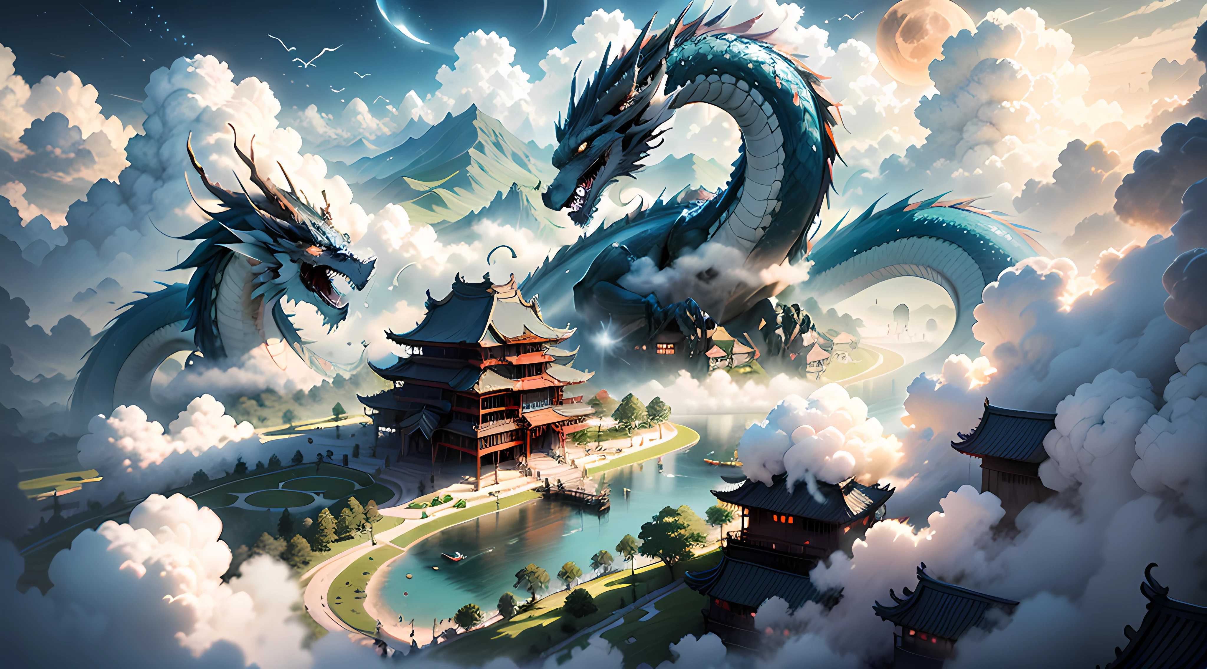 The sun and the moon shine together,Dragons fly in the clouds,The sea of clouds is turbulent,islands,flying birds,(A building looming in the clouds),((surrounded by cloud)),(Chinese style buildings),high qulity,super-fine,Detailed pubic hair,Accurate,(tmasterpiece),Works of masters,(16K resolution),电影灯光,dynamic viewing angle,wide angles,