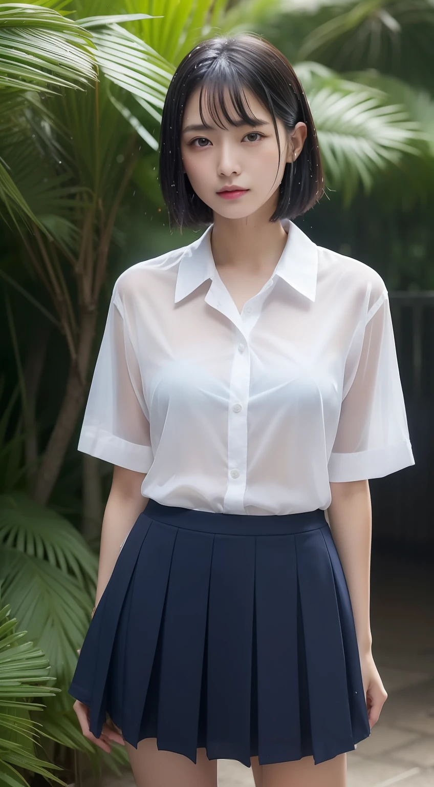 (((Top image quality、8K、1人の女性)))、japanes、((The whole body is visible、clothes wet))、独奏、1 female、A woman is photographed alone、cute little、ren、Beautuful Women、Beautie、Double eyelids、full body Esbian、1:3、((Wearing a uniform))、Shoes are also in the photo、dark sky、rain is falling、夏天、Plum rain、shortsleeves、The face is orderly、japanes、(Faintly see-through shirt and light blue underwear)、Sheer in a white shirt、short white sleeves、Shortcut Hair、wearing skirt、Hair is wet、More transparent shirt、