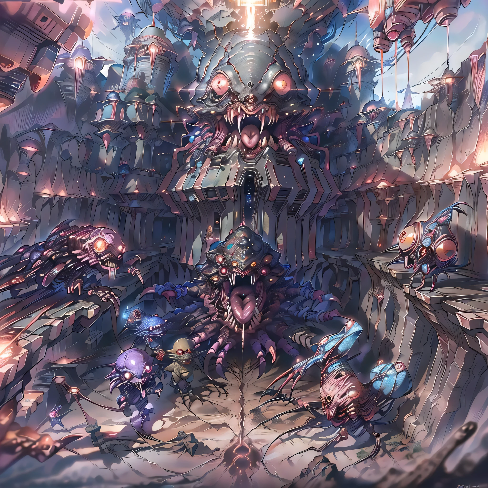 Masterpiece, best quality, very detailed beings, very detailed background, high quality humanoids, walking,, digital art, Aerial View of a Horrid Funny Sasquatch, inside a Nuclear missile silo, at Sunset, Evil, Gamercore, trending on CGSociety, HDR, (cute monsters)strong, fearless, monster family, animal beings, happy, cute family, civilized