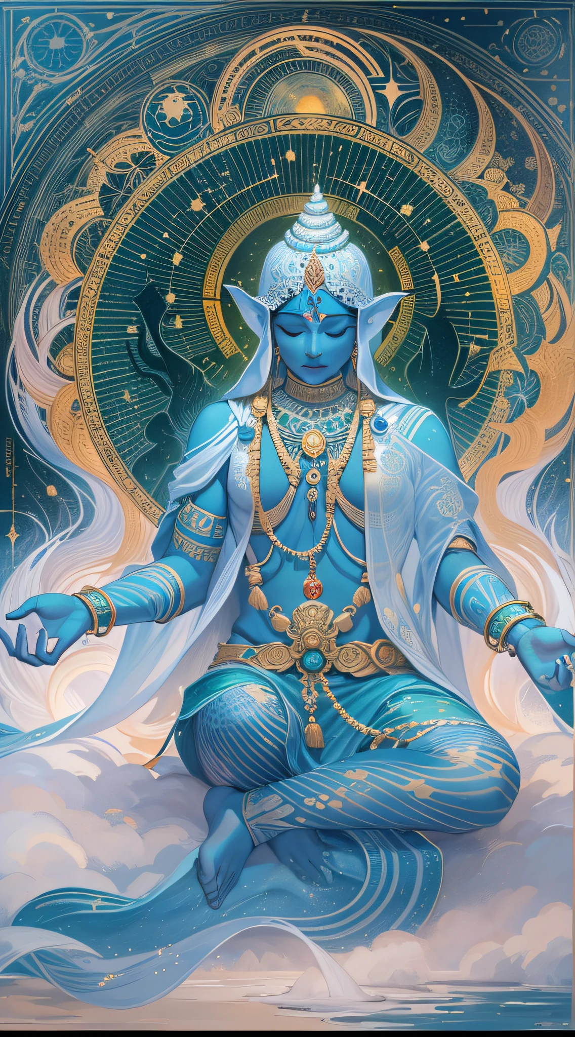 (person meditating cloaked in a blue aura:1.5), incorporate symbolic elements representing the throat chakra, vishuddha, a sky-blue downward pointing triangle containing a circular white region like the full moon. This represents the element of akasha or "aether." This region is represented by the deity Ambara, who is also white in color.  The silver crescent is the lunar symbol of nada, pure cosmic sound. The crescent is symbolic of purity, and purification is a vital aspect of Vishuddha Chakra. The Bija Mantra is the syllable हं haṃ, and is written in white upon the chakra. In the Bindu, or point above the mantra, resides the deity Sadashiva, who has 5 faces, representing the spectrum of smell, taste, sight, touch, and sound and 10 arms. using vibrant, ethereal blue shades and colors