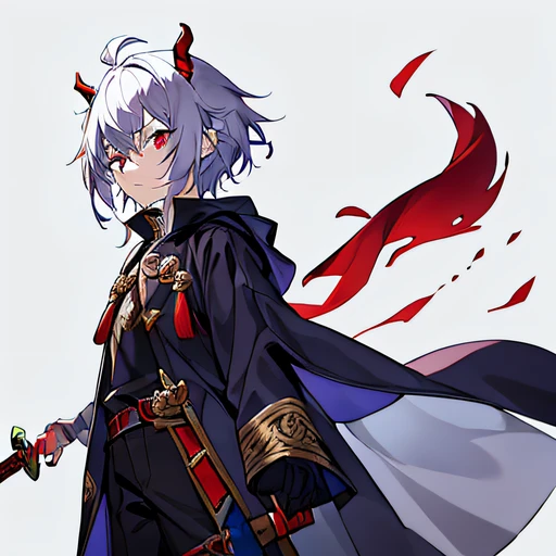 Libido boy，，Height 145cm，Slim，red eyes，whaite hair，white skinned，small demonic horns，Cute and handsome，Sword and magic style，Cultists，super adorable，go astray，short detailed hair，Dressed in medieval costumes，wind coat。