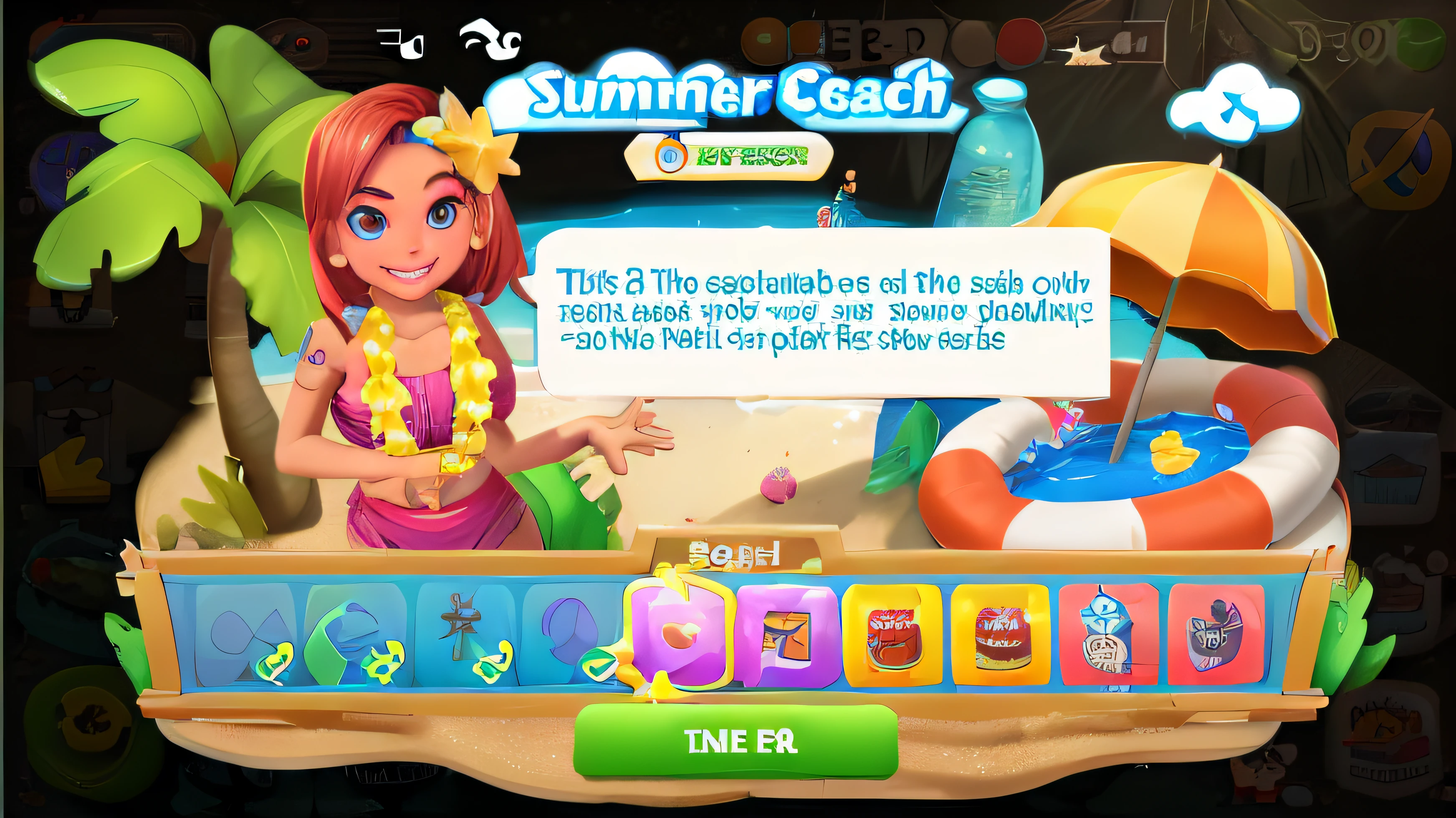 a close up of a person on a beach with a sign, game screen, game interface, game ui, summer season, summer, sunset beach, summer night, gameplay screenshot with ui, splash screen, beach party, beaching, summer swimming party, summertime, official screenshot, inspired gacha club game, titled'holiday at the beach ', magical summer, screenshot from game