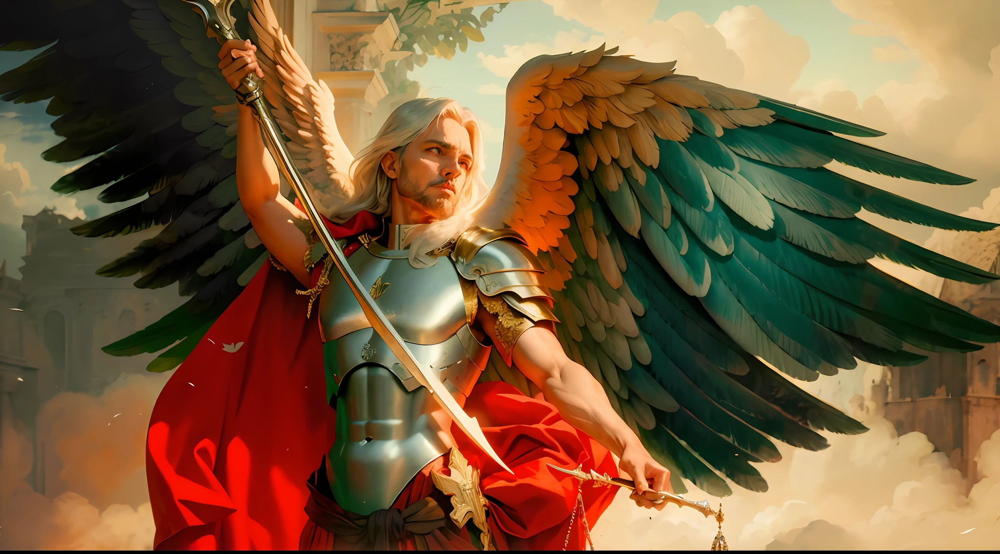 pintura de um homem com uma espada e asas, Arcanjo Miguel, saint michael the angel, arcanjo, totalitarian socialist angel, Directed by: Evelyn De Morgan, Michal, biblical accurate angel, Directed by: Eugene Zak, Directed by: Aleksander Gierymski, Directed by: Bernard Meninsky, anjo protegendo o homem, Directed by: Nicolau Marsicano, Lucifer's, Justice