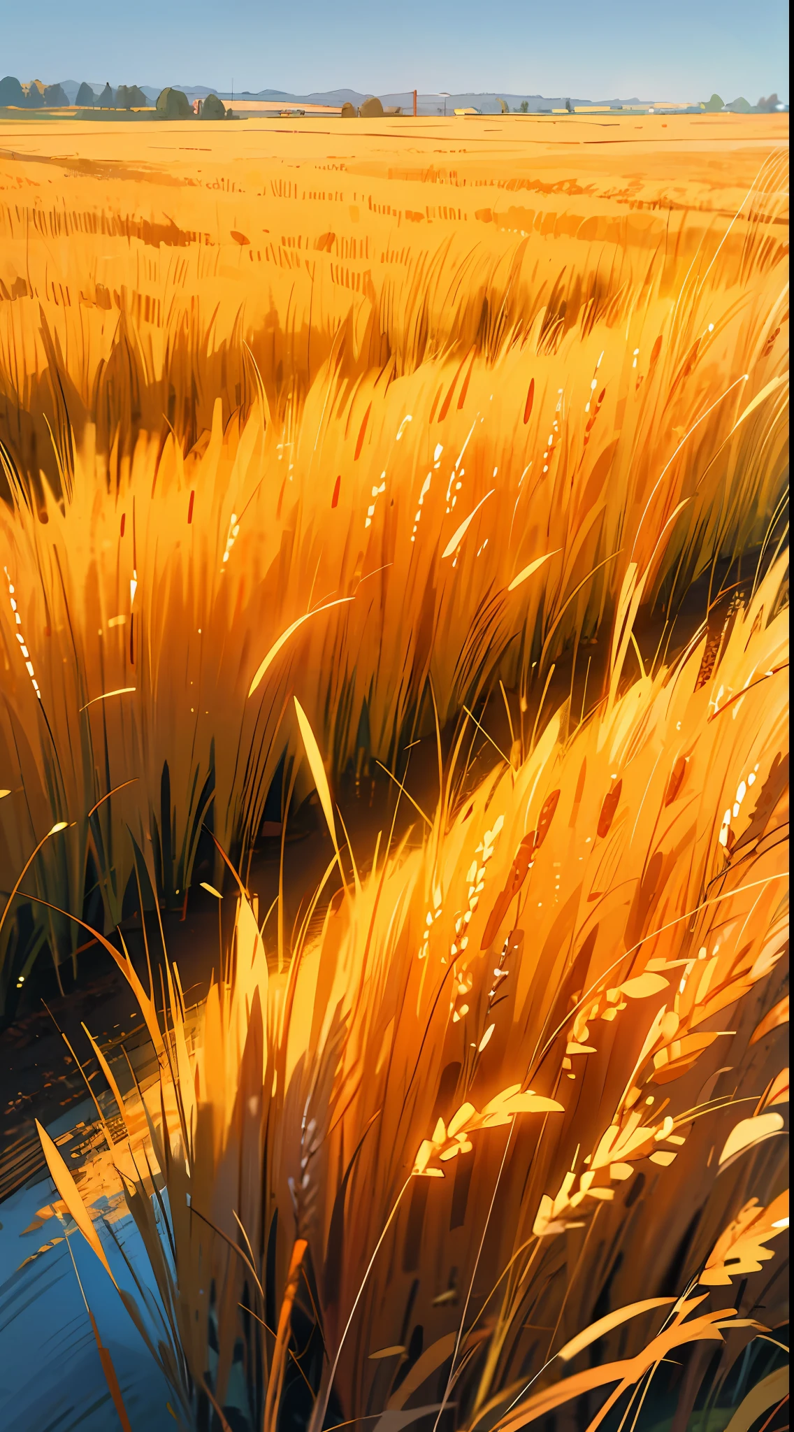HighestQuali,in distance,Golden wheat fields sway in the wind,It's like a sea of gold。Farmers are harvesting their crops,Celebrate the harvest season