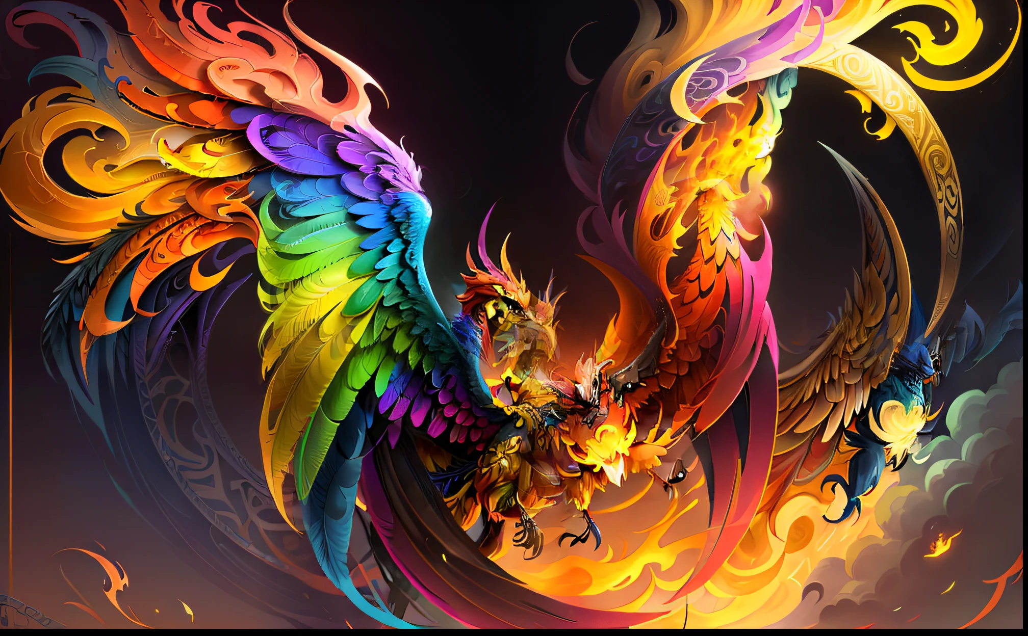 Color drawing of colorful phoenixes in U-shaped frame,highly detailed and hypnotic,symmetrical and detailed,intricate digital art,highly detailed,Highly meticulous,badges,Clean background,