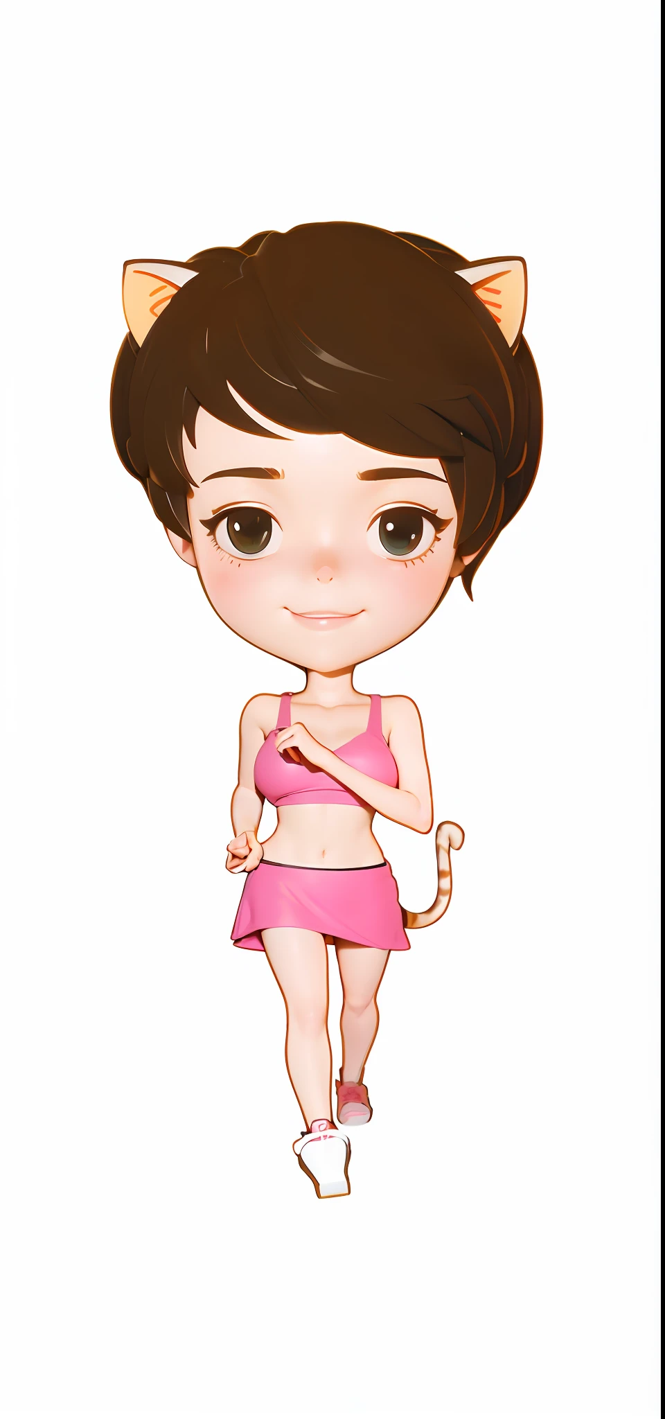 (Same character, Front, Side, back), (tchibi), A cat-eared girl, 15year old, Stylish and sexy, with short brown hair, Short pink bikini skirt, Fashion sneakers Fashion sneakers, There is a cat's tail, (full bodyesbian), clean scene, white backgrounid, (((multiple views of the same character))), High detail, Blind box toy style, Anime, by Pixar, Ghibli-like colors,3D