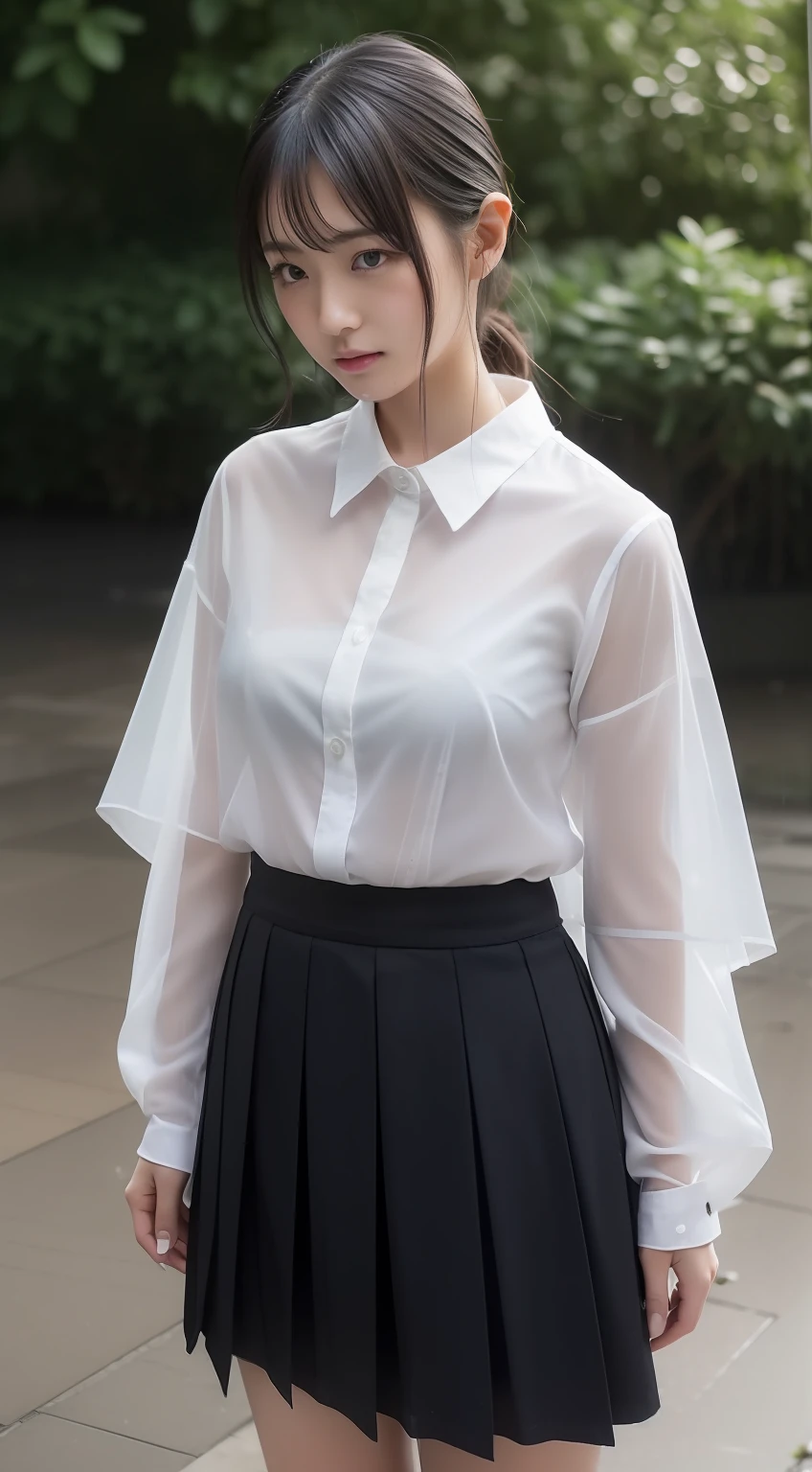 (((Top image quality、8K、1人の女性)))、japanes、((The whole body is visible、clothes wet))、独奏、1 female、A woman is photographed alone、cute little、ren、Beautuful Women、Beautie、Double eyelids、full body Esbian、1:3、((Wearing a uniform))、Shoes are also in the photo、dark sky、rain is falling、夏天、Plum rain、shortsleeves、The face is orderly、japanes、(Faintly see-through shirt underwear)、Sheer in a white shirt、short white sleeves、wearing skirt、Hair is wet、More transparent shirt、shelter、rain is falling、NSFW