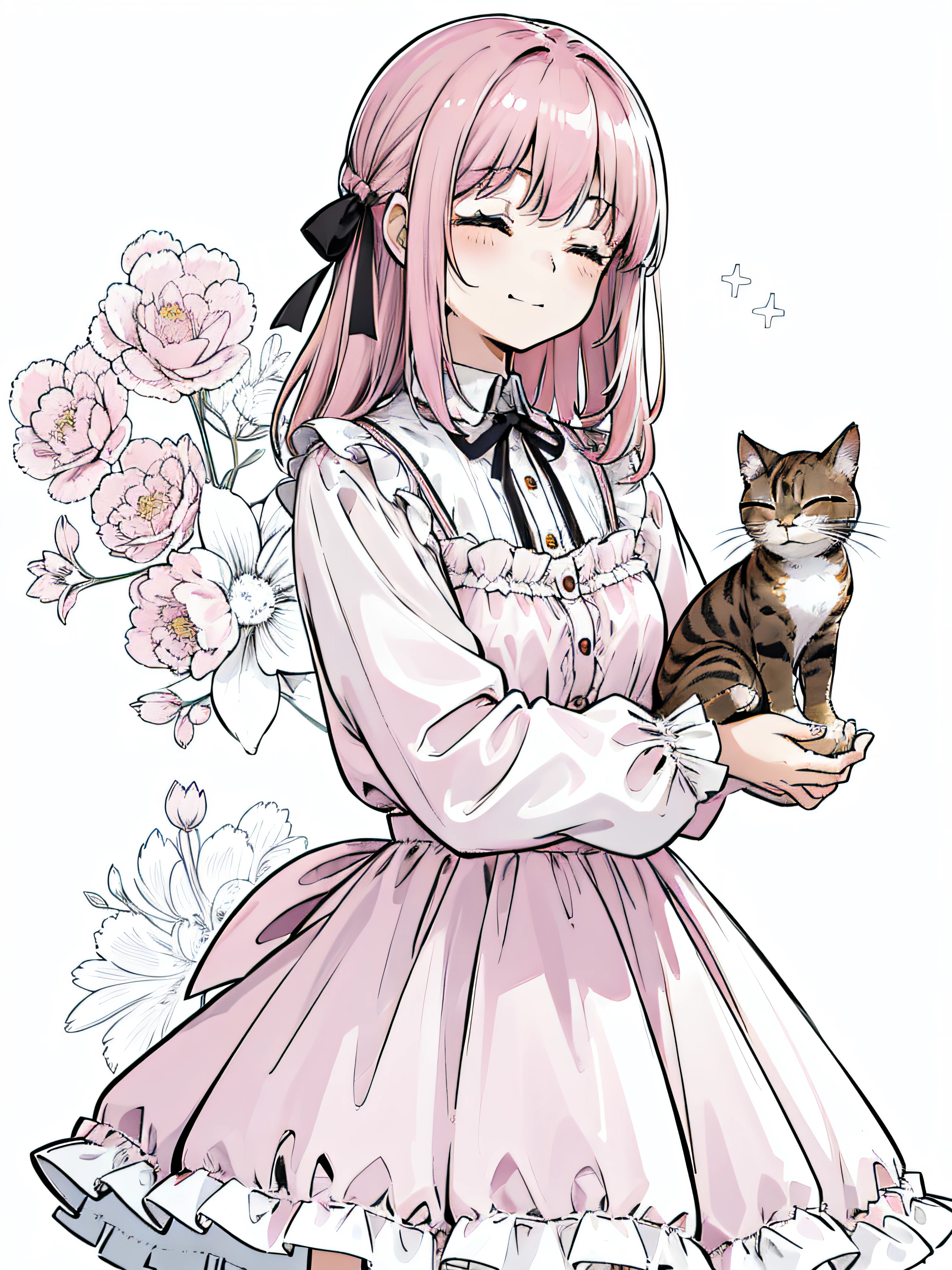 1 girl, solo, best quality, ultra detailed, minor, (happy:1.4), closed eyes, pink hair, medium hair, looking away, from front, from below, portrait, hugging the brown kitten, \(kitten has its mouth closed\), blue ribbon, long sleeves, standing, white background