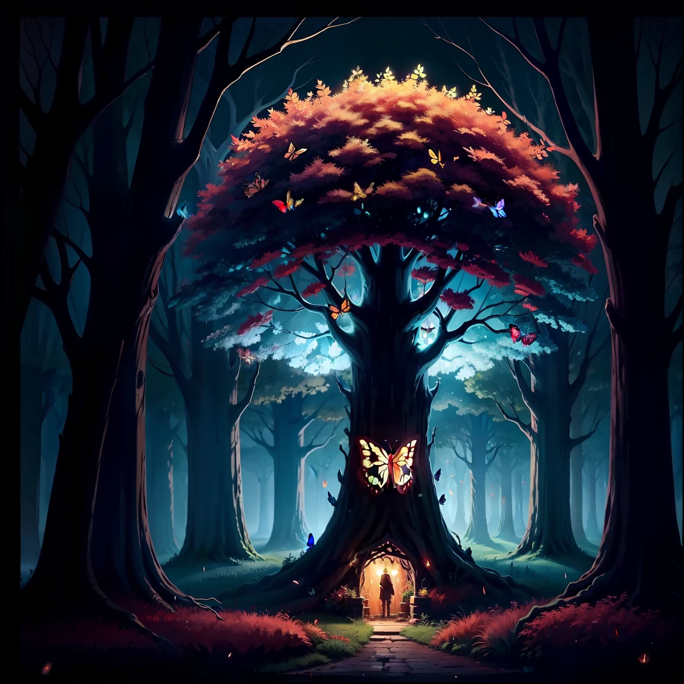 There is a giant glowing tree in the darkness,There is a small glowing door in the trunk,The door has a butterfly wing pattern,The trees are full of red butterflies