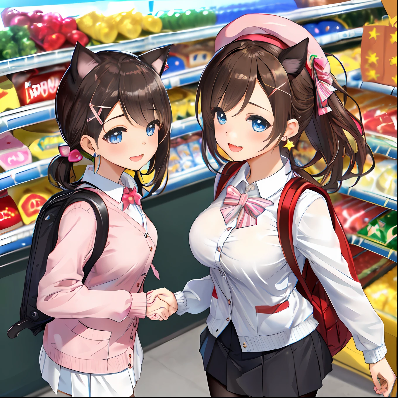2 girls,(Highly detailed CG Unity 8k wallpaper), (Best Quality), (Super Detail), (Best Illustration), (Best Shadow), POV, Realistic lighting and shading, Natural light, Lens flare effect, (Shopping Day:1.2), (supermarket:1.5), (Several female guests, Payment at the cash register), Two girls shake hands,morning, And,

2girls,
(Cute: 1.5), (Chibi: 0. 8), (kawaii: 1.5), (Lori: 0. 5), BREAK, ((17 year old girl), Very detailed, Colorful, Best Detail, BREAK, (Large breasts: 1. 2,), Clear skin, Beautiful skin, Shy, 1 beautiful girl, ( Brown hair,Cat ears, Pony tail, Medium Long Hair: 1. 2), (Light blue eyes, long eyelashes, Double eyelids: 1.2), Solo, Glowing skin, BREAK, (Skirt by the Way, Mini skirt, Black pantyhose: 1.2), (Sleeveless, Sleeveless shirt, Red Shirt: 1.2), (star-shaped earring: 1.1), (Race catsuits: 1.0), (Cute Accessories: 1. 3),
And,

2girls,
(Cute:1.5),(Chibi:0.8), (kawaii:1.5),(Lori:0.5), BREAK, ((girl, Cute, Cheerful, Loli face, slightly bulging chest,(Black hair,Disheveled short bob,tareme:1.2), gleaming skin, Stuffed rabbit,BREAK,(rucksack:1.2), (White shirt,Pink cardigan, :1.2), (White rabbit ear headband:1.0), (Black sneakers:1.0), (jewely, brooches,star-shaped earring:1.1), (beret, X Hair Ornament:1.3), (vertical-striped skirt, striped pantyhose:1.1),