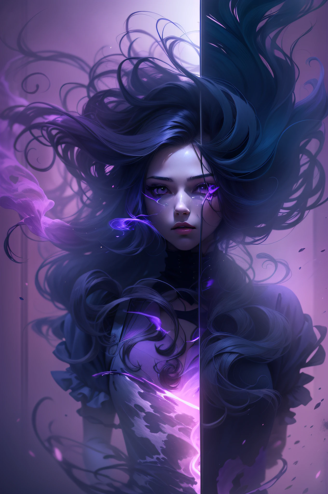 （Full body like），（1 girl），the phantom，Swiftstep，Phantom，Purple neon rendering smoke，Particle effect，misterious，twinkle，Fill light，Colorful water floating in the air
