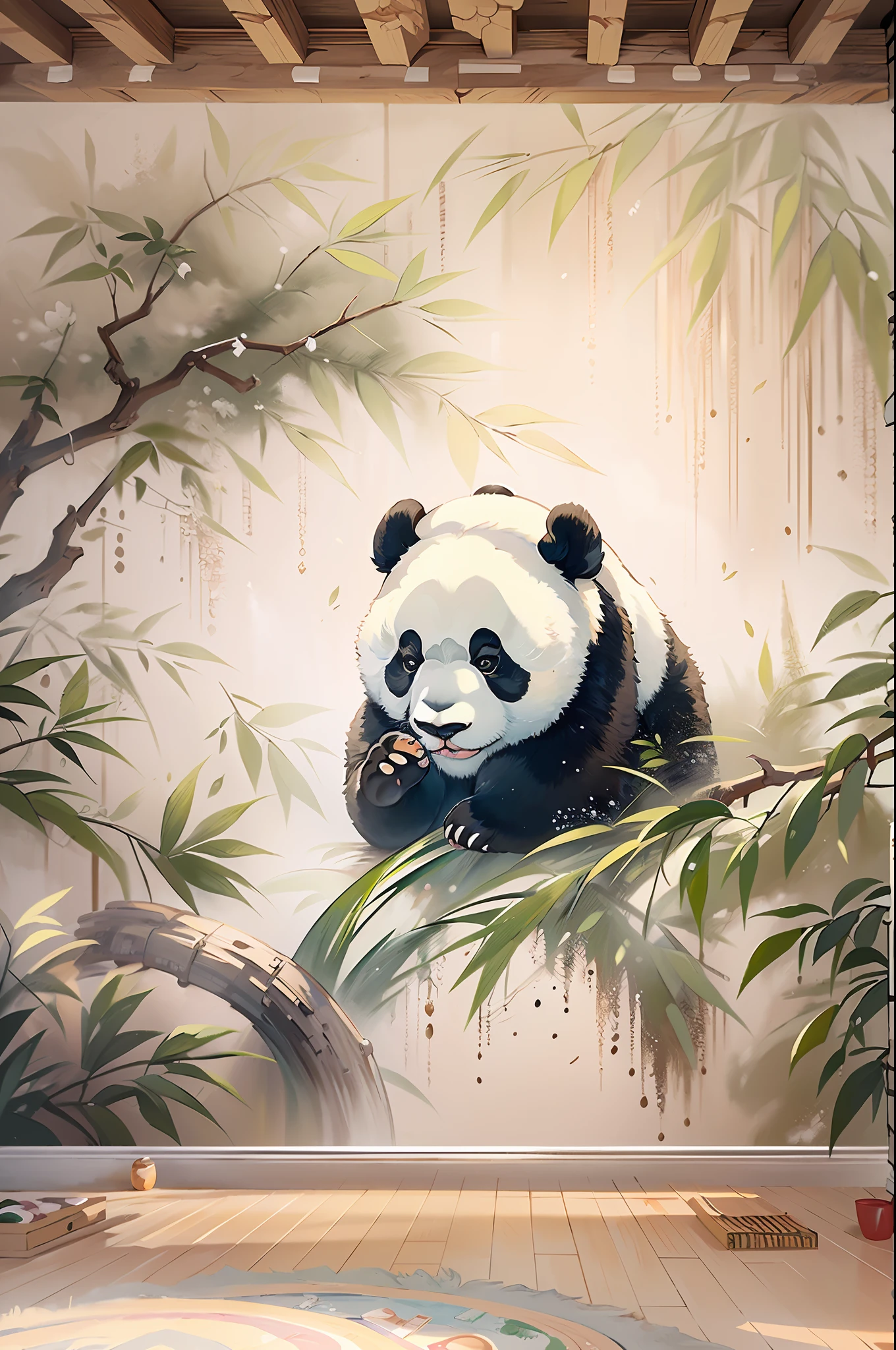 {Best quality}, {{Masterpiece}}, {A high resolution}, Original, Extremely detailed 8k wallpaper, god light，((Giant pandas are painted on the walls，Wall paintings，Huge white single wall background))