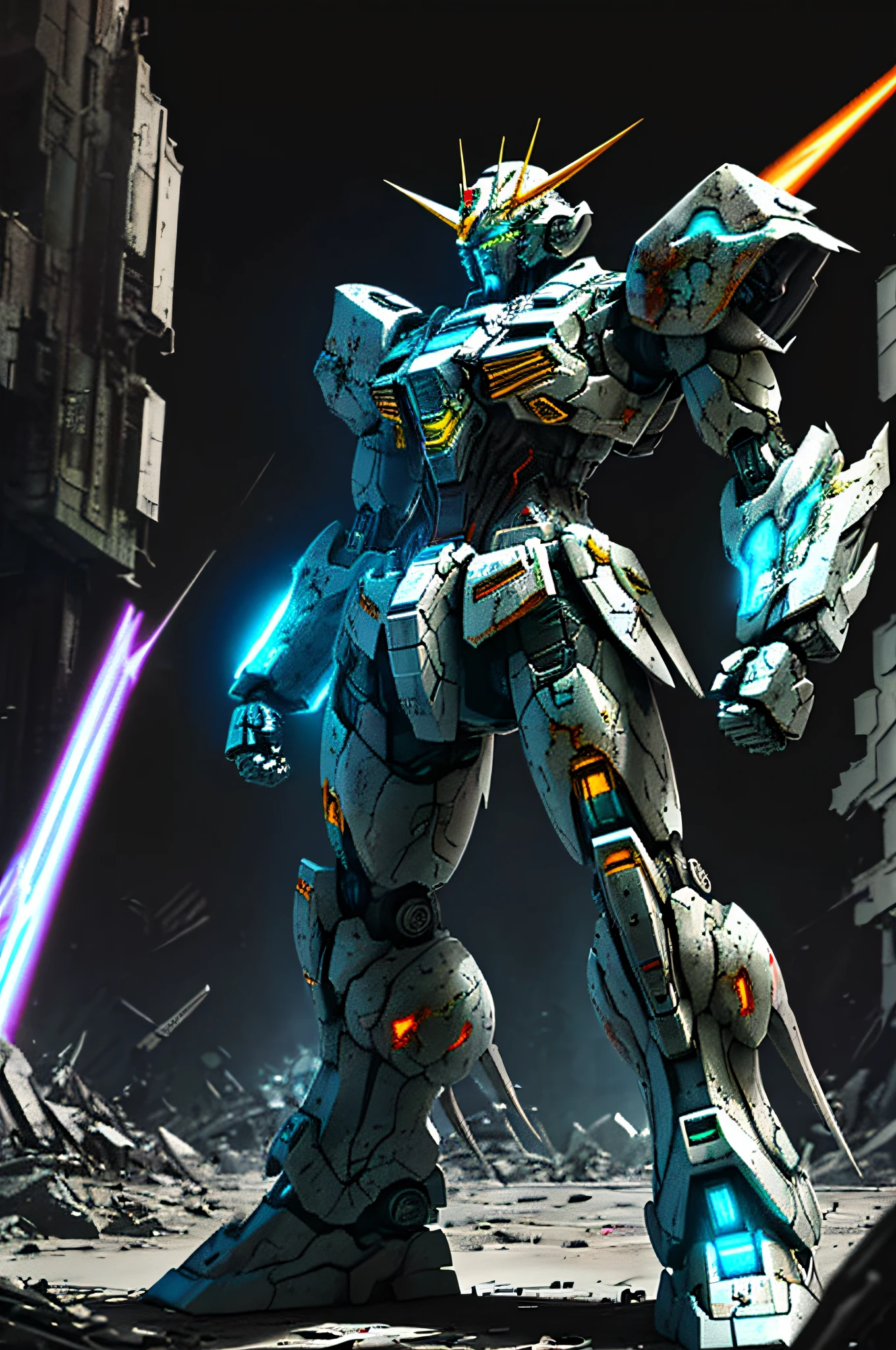 a robot, gundam , mecha, glowing, (punching, fist)
zhongfenghua, hard surface , dynamic pose, from below, ruined city, glowing energy flows
((digital painting, toei anime style))