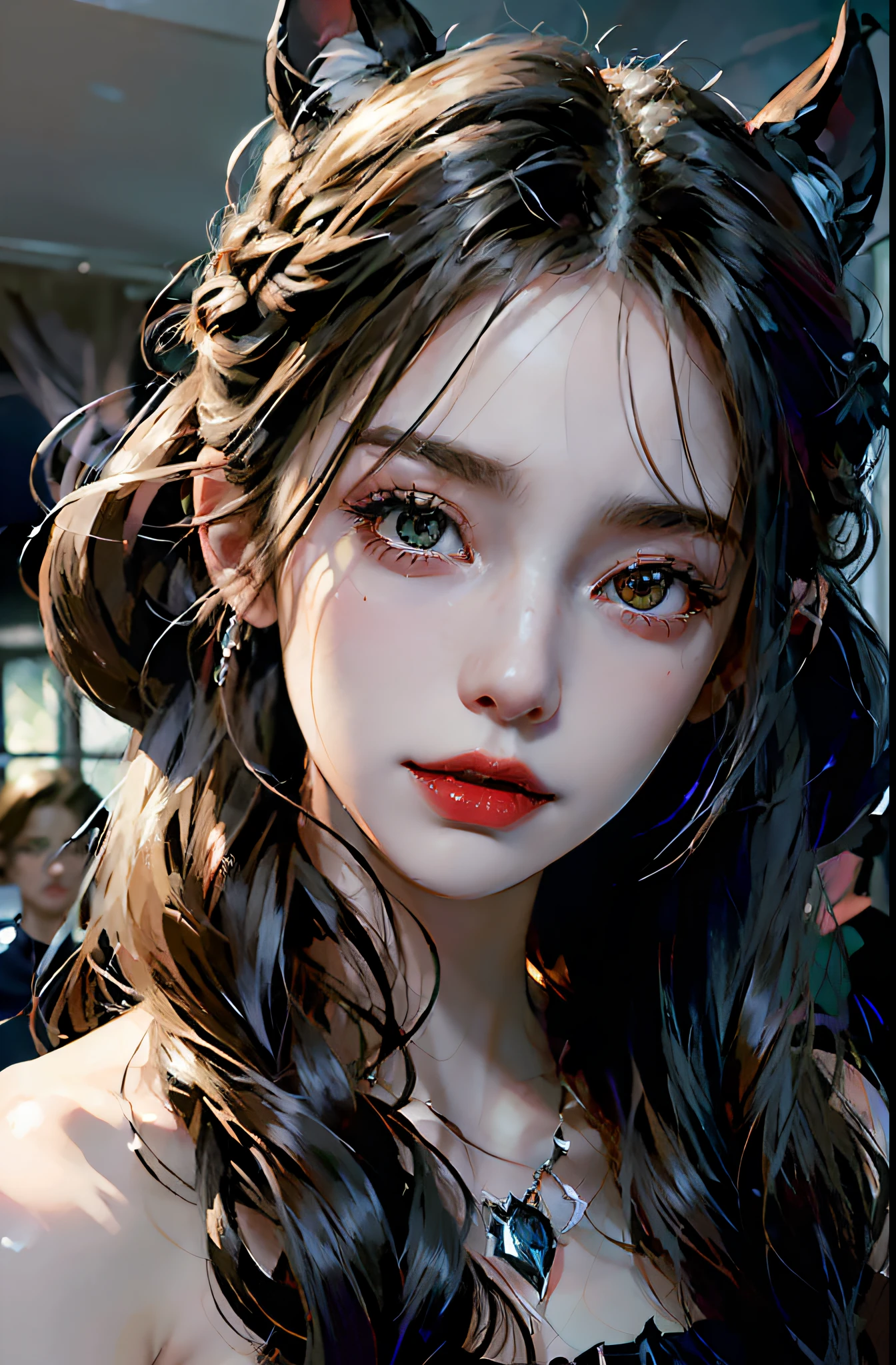 (Front focus), Female Hyperrealist Portrait, Fantasy art, Photorealistic photography, Dynamic lighting, voluminetric lighting, Highly detailed face, 8K, Award-winning, 1girll, Pale, White skin, Glowing skin, Detailed skin, Vampire Dress, (Red eyes), Red lips, Hair, Dark, Deep shadows, low tune, Close up, ahoge, Bat ears, eyes reflection, Glowing eyes , Wicked smile, jewelry, Impressionism, Masterpiece, {{{Masterpiece, Best quality, illustration,gaming console_CG}}}, hair bunched up on head, Sexy