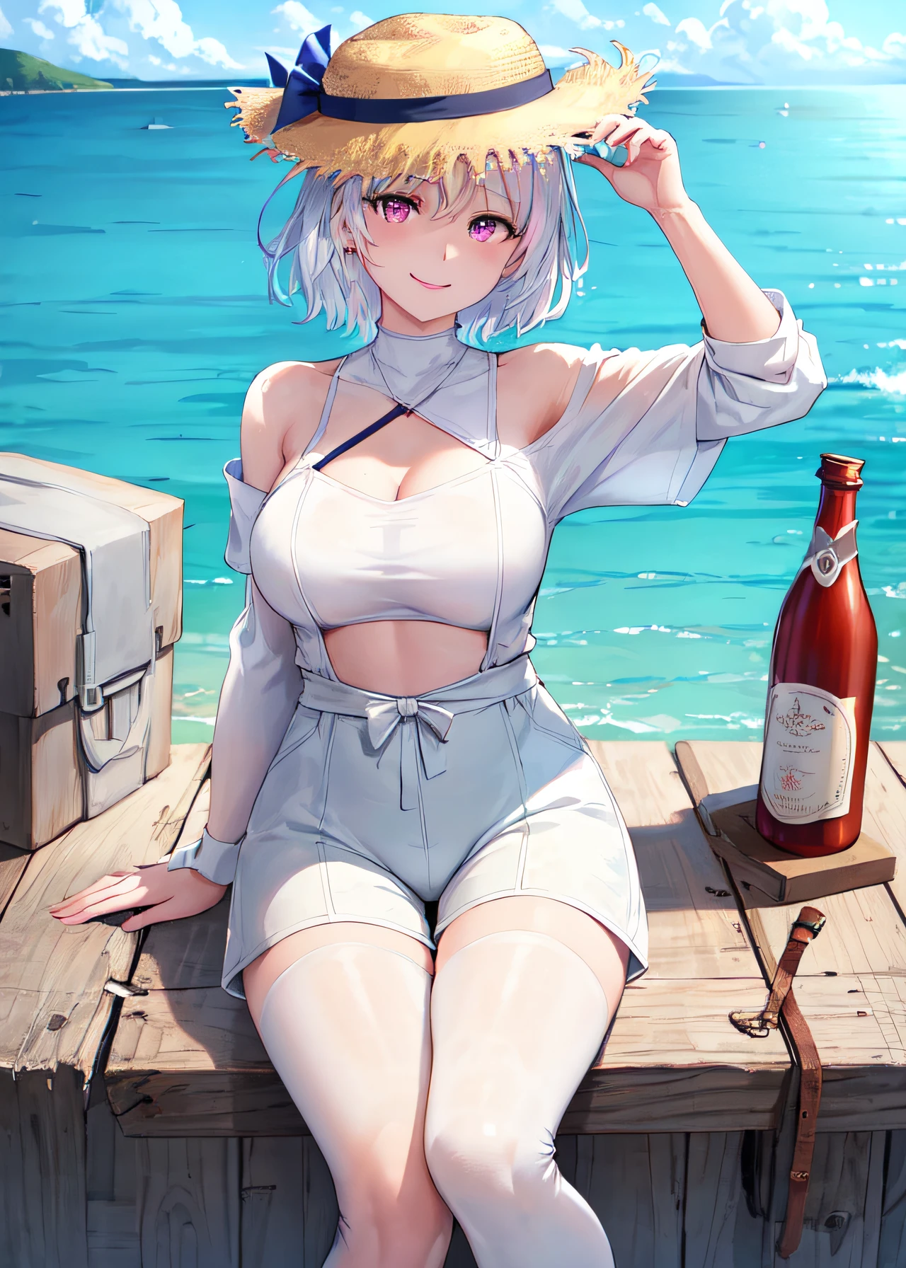 (masterpiece), best quality, highest quality, extremely detailed CG unity 8k wallpaper, detailed and intricate, original,highres, \\
1girl, youen,(23yo),mature female,solo,full body,white short hair,light smile, detailed pink eyes,sitting,looking_at_viewer,large breasts,covered breasts,\\
((long-sleeved)),white top,white_boots,(hat),((shorts)), \\
shore, pier, arm support, day, lighthouse, outdoors, sand, sky, remote mountain, cloud, ship, \\
beautifully detailed background,ocean, horizon, beach, beautifully detailed water, waves, watercraft, boat,\\
depth of field,:0.1,realistic:1.3, (ambient light:1.3),(HDR:1),Accent Lighting,