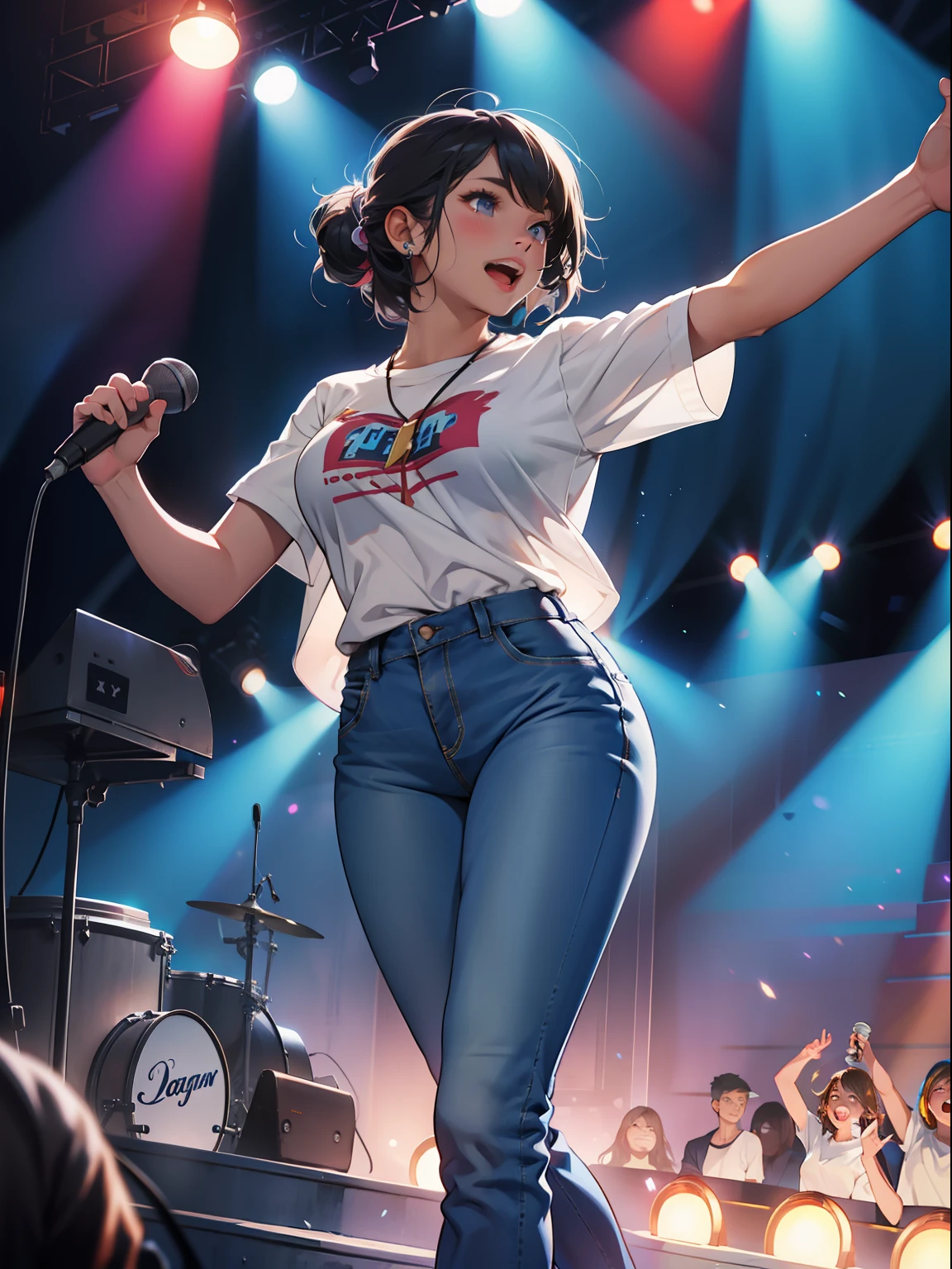 one-girl，whitet-shirt，blue denim pants，singing on stage，lamplight，flash lights，