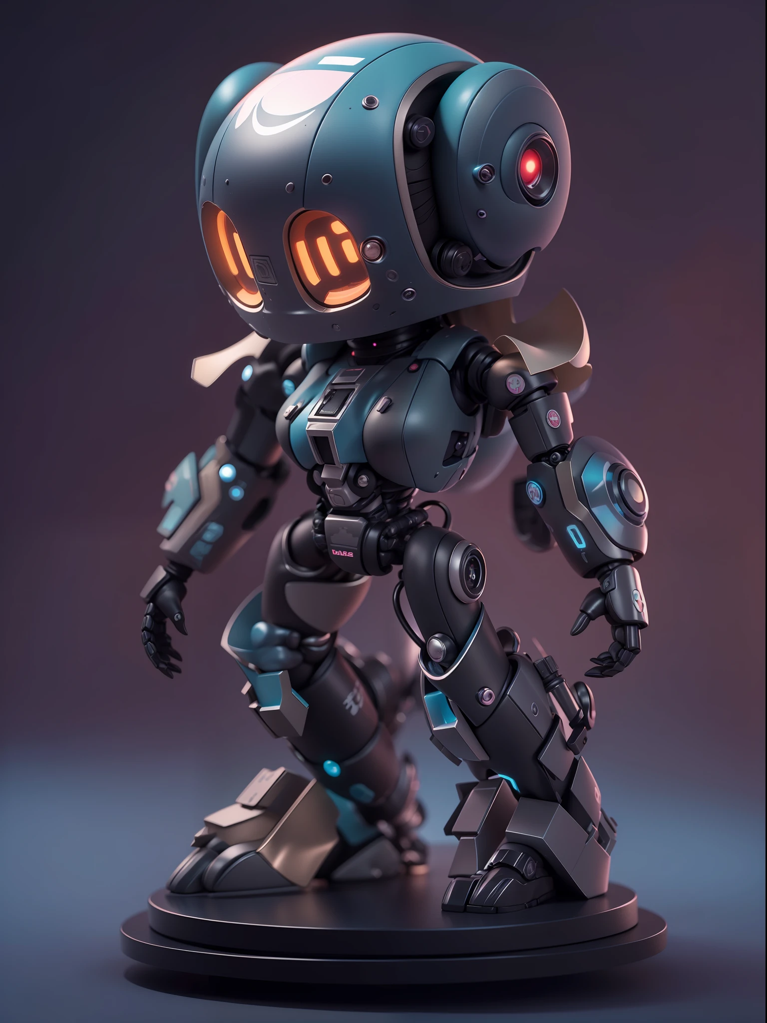 "(Blind box toy style:1.2)(full bodyesbian),Metal toy cute robot:1.2,cyber punk perssonage,dreamy glow,Clean,background inside dark,Matte style,circular base,(Global illumination,Ray tracing, hdr, unreal render,reasonable design,High detail,Masterpiece,Best quality,hyper HD,Cinematic lighting)"
