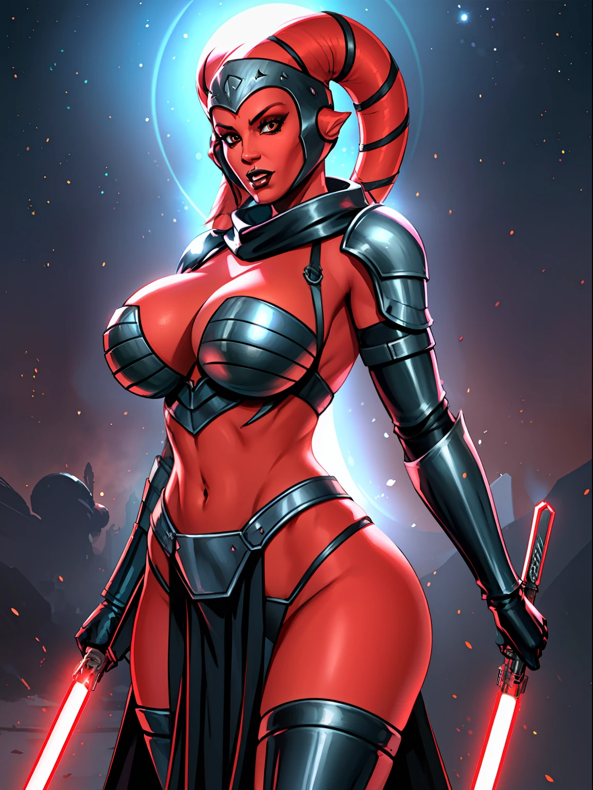 armor, busty, ((red skin), twi'lek), dual red lightsabers, evil space knight, space ninja, (wearing black robes, black stealth armor, breastplate, tunic, tabard, cowl, cloak, body glove, straps, buckles, skirts, long sleeves, fantasy, ((armor))), ((busty), slender body, thin, slim sexy body, slim waist, ((gigantic breasts))), Imperial starship, Star Wars,