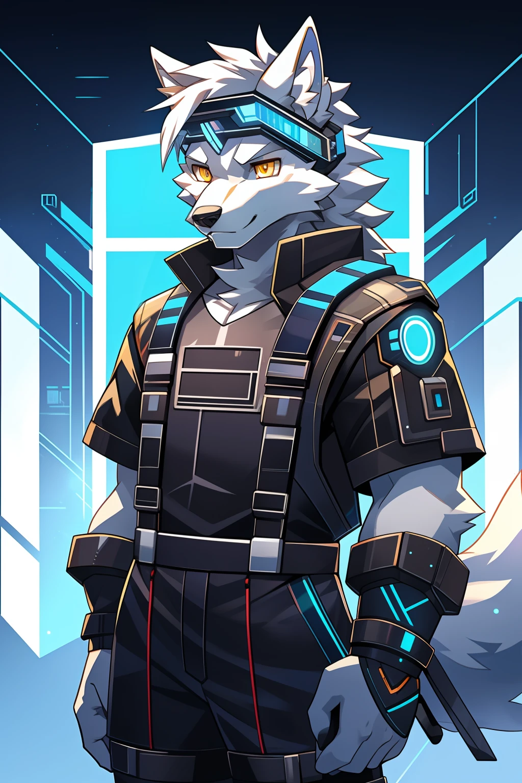 cyber punk perssonage，epcot，Tech style，solo person，White body，White ears，White hair，Overall white，Orange-yellow eyes，Wolf tail，Wolf orcs，Young，Wear a short-sleeved shirt，Ultra-clear screen，Soft lines