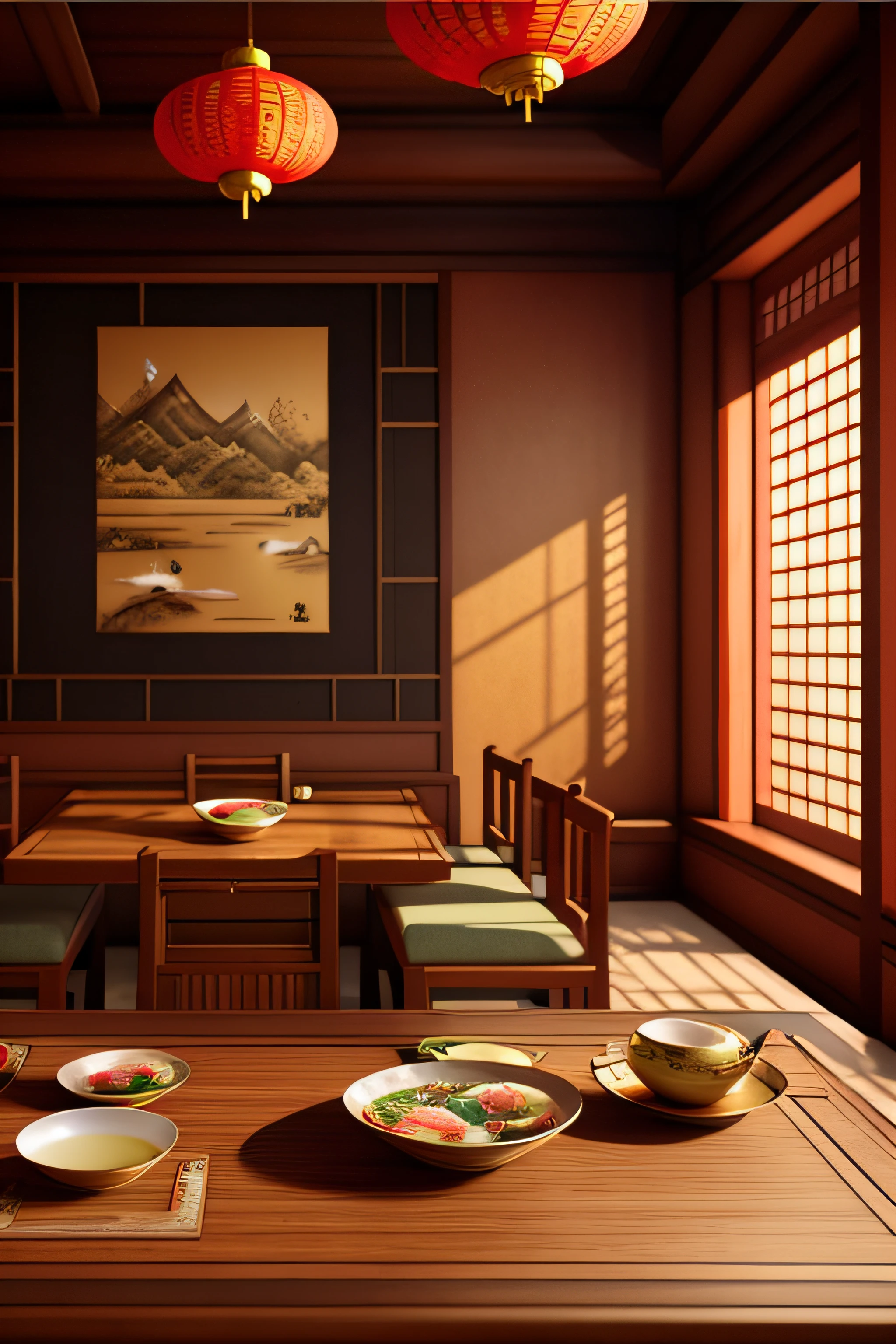 Realistic afternoon lighting, Chinese style, rendering in Unreal Engine 6, 3 d stylize scene, rendered in 3 dsmax, vray tracing, Beautiful rendering of the Tang Dynasty, 3D Unreal Engine rendering, 3D Unreal Engine rendering, rendered in unreal engine 4 k hq，Chinese restaurant，Three-dimensional texture，3DMAX，tea set，Tea table，Positive viewing angle，desks，Chinese décor，On the background wall hangs a Chinese landscape painting，Chinese tea set，Solid color lanterns，Chinese cutlery