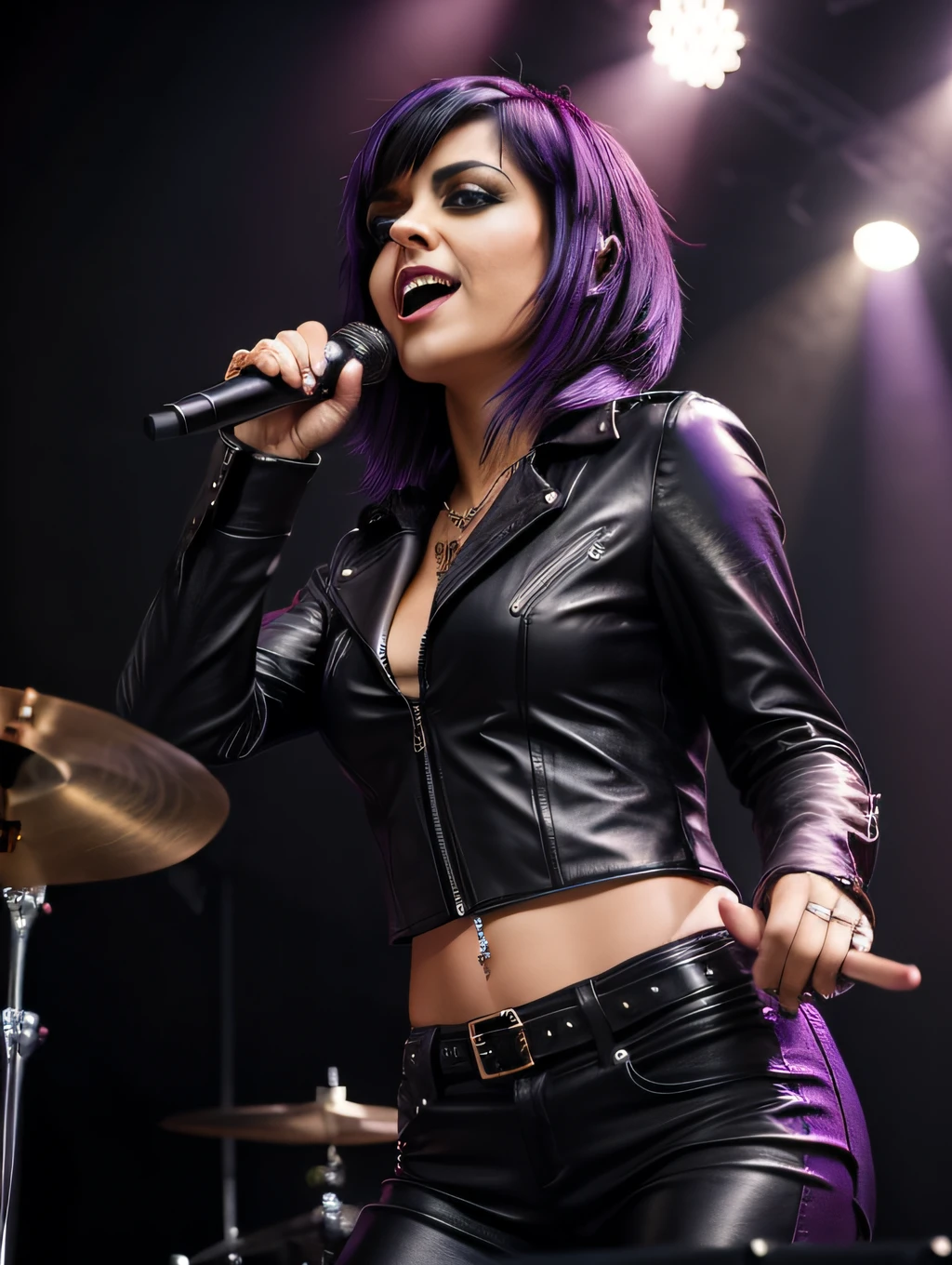 woman dressed as a rocker, with black leather blouse, Black leather pants, with short black hair with purple highlights, playing drums on the stage of a rock concert