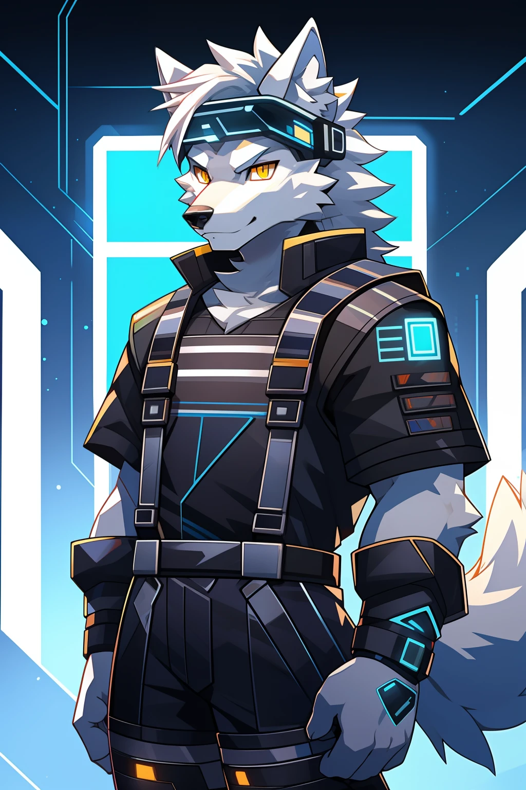 cyber punk perssonage,epcot,Tech style,solo person,White body,White ears,White hair,Overall white,Orange-yellow eyes,Wolf tail,Wolf orcs,Young,Wear a short-sleeved shirt,Ultra-clear screen,Soft lines