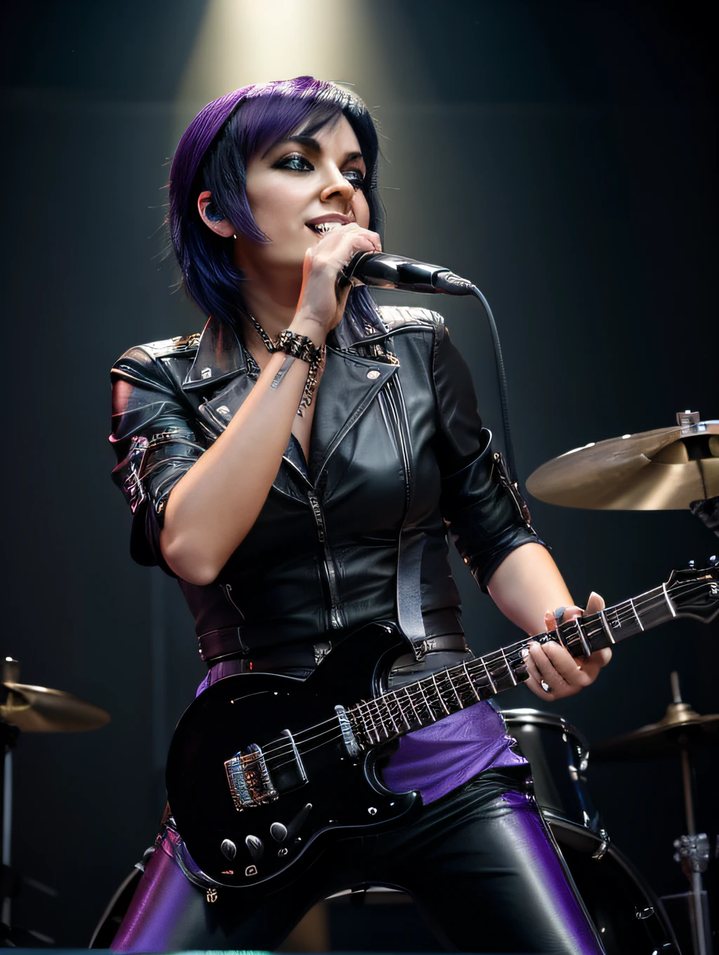 woman dressed as a rocker, with black leather blouse, Black leather pants, with short black hair with purple highlights, playing drums on the stage of a rock concert