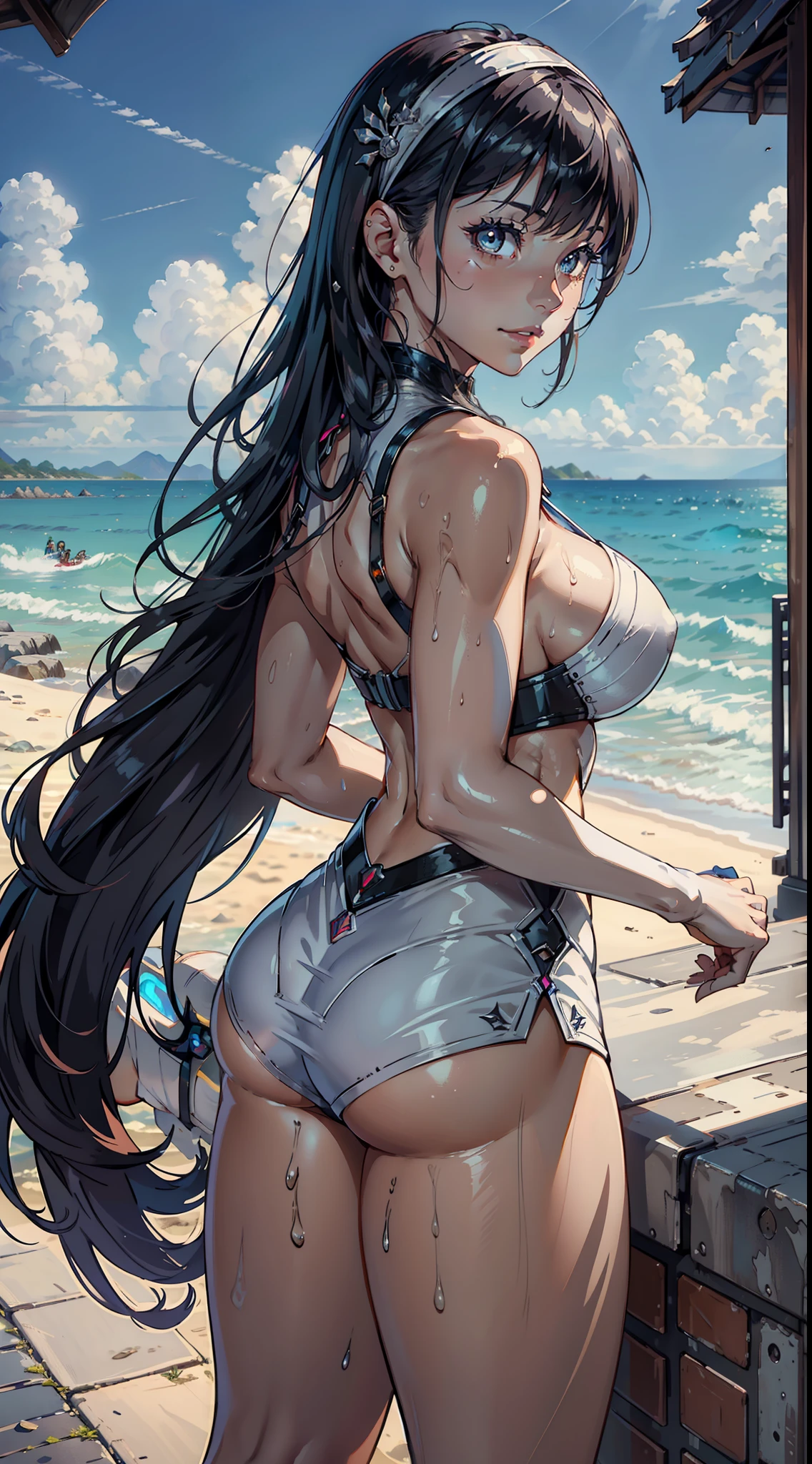 1female,45 yers old,Huge breasts, 独奏, Templars,head band,armour, Beautiful legs and buttocks ,Wearing white court-style armor,the ocean, She has long flowing black hair, ,Sateen,Bigchest, From the front side, Wet straight hair, Sweating profusely,mostly cloudy sky,(tmasterpiece),(Very detailed CG unity 8K wallpaper),best qualtiy,cinmatic lighting,detailed back ground,beatiful detailed eyes,Bright pupils,(Very fine and beautiful),(Beautiful and detailed eye description),ultra - detailed,facing at camera,A high resolution,ultra - detailed),Very long hair,legs are open,standing on your feet,Emotive expressions,Open-mouthed,Shyness and smiling,Chest sagging,Camel toes,with no underpants,extremely large bosom,Expose the lower body,revealing breasts,Shoulders exposed,Extremely colorful,Most detailed,fully body photo,The face is well lit