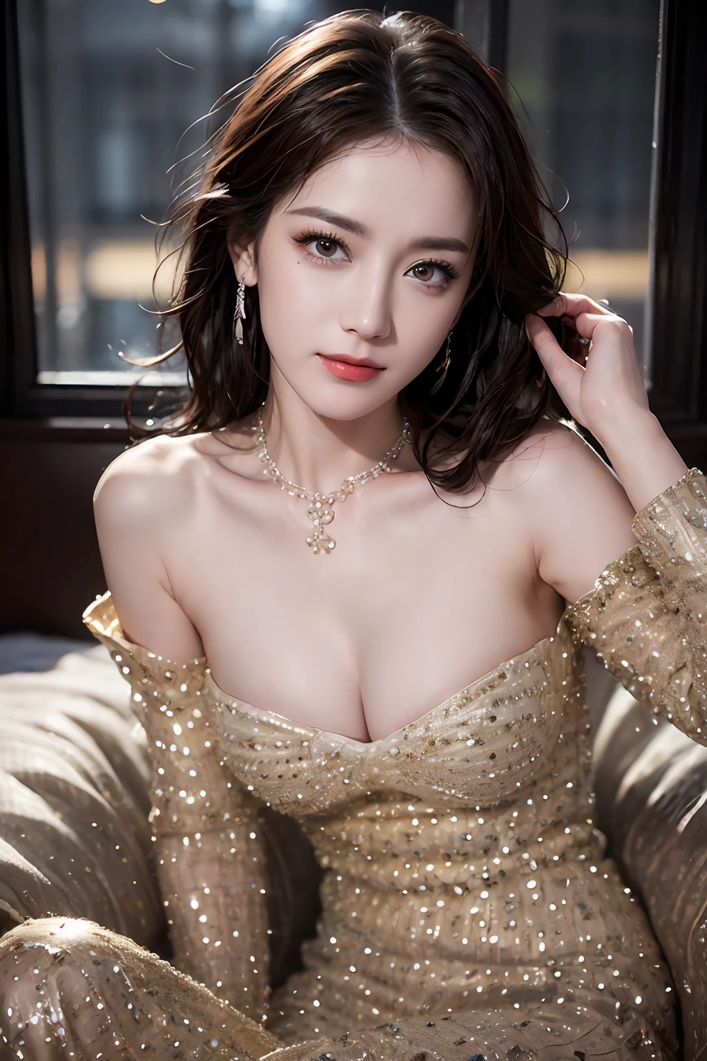(short hair woman), (White pajamas), (covered-), (Cross-legged sitting, Hands lying on thighs), on the beds, medium breasts, Deep cleavage, Best Quality, masutepiece, Illustration, Very delicate and beautiful, Very detailed skin, nffsw, Unity, 8K Wallpapers, amazing, Fine detail, Highly detailed ticker Unity 8K wallpapers, Huge file size, High resolution, Handsome detailed woman, Very detailed eyes and face, Stunning detailed eyes, Light on the Face, (Best Illustration: 1.1), (Best Shadow: 1.1), Ultra High Resolution, (Photorealistic: 1.1), (Photorealistic 1.2:1.1), Realistic face proportions,slim,Smile,(fluffy black eyes: 1.21), Black eyes, Looking at the viewer, dark brown hair, earrings, Necklaces, hair pin, Full body shots, (irregular skin imperfections,venat,moles,Skin Wrinkles,pores: 1.2), (Dark night background: 1.2), (Bokeh: 1.4),