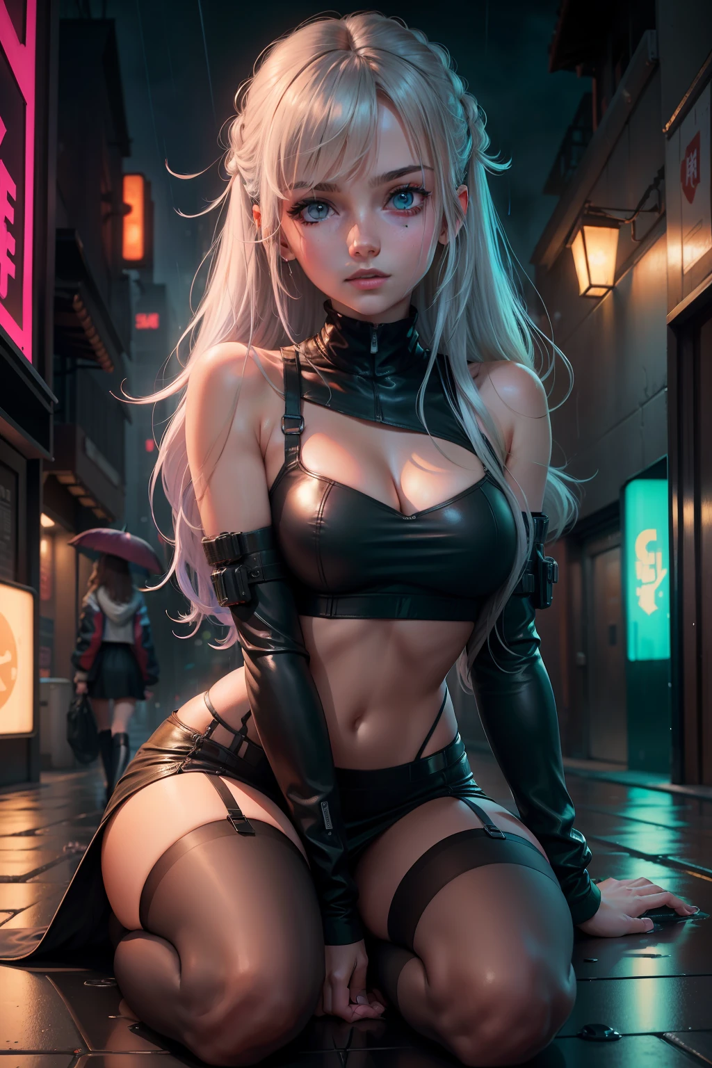 （best qualtiy，tmasterpiece：1.3）， beuaty girl， Rainy days， Mist， alleys， looking at viewert， facing the photo， Cyberpunk-city， Alone in the alley， Neon lights in the alley， Very reflective city， long whitr hair，  leg-garter，Tight miniskirt，nedium breasts，Clothes with openings， perfect hand，delicated，the night，sat on the ground，Place one hand between your legs