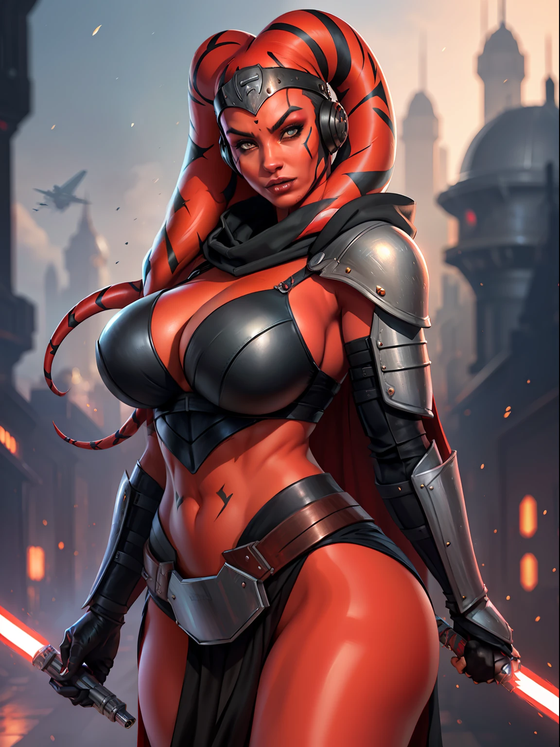 busty, ((red skin), twi'lek), dual red lightsabers, evil space knight, space ninja, (black robes, black stealth armor, breastplate, tunic, tabard, cowl, cloak, body glove, straps, buckles, skirts, long sleeves, fantasy, ((armor))), ((busty), slender body, thin, slim sexy body, slim waist, ((gigantic breasts))), Imperial starship, Star Wars,