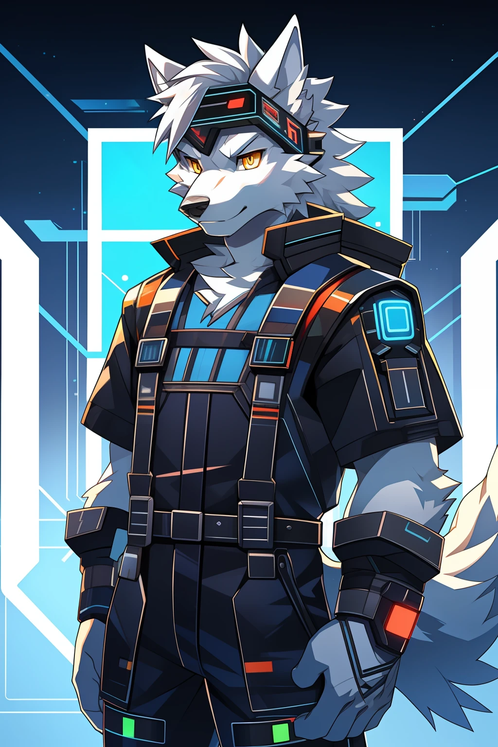cyber punk perssonage,epcot,Tech style,solo person,White body,White ears,White hair,Overall white,Orange-yellow eyes,Wolf tail,Wolf orcs,Young,Wear a short-sleeved shirt,Ultra-clear screen,Soft lines
