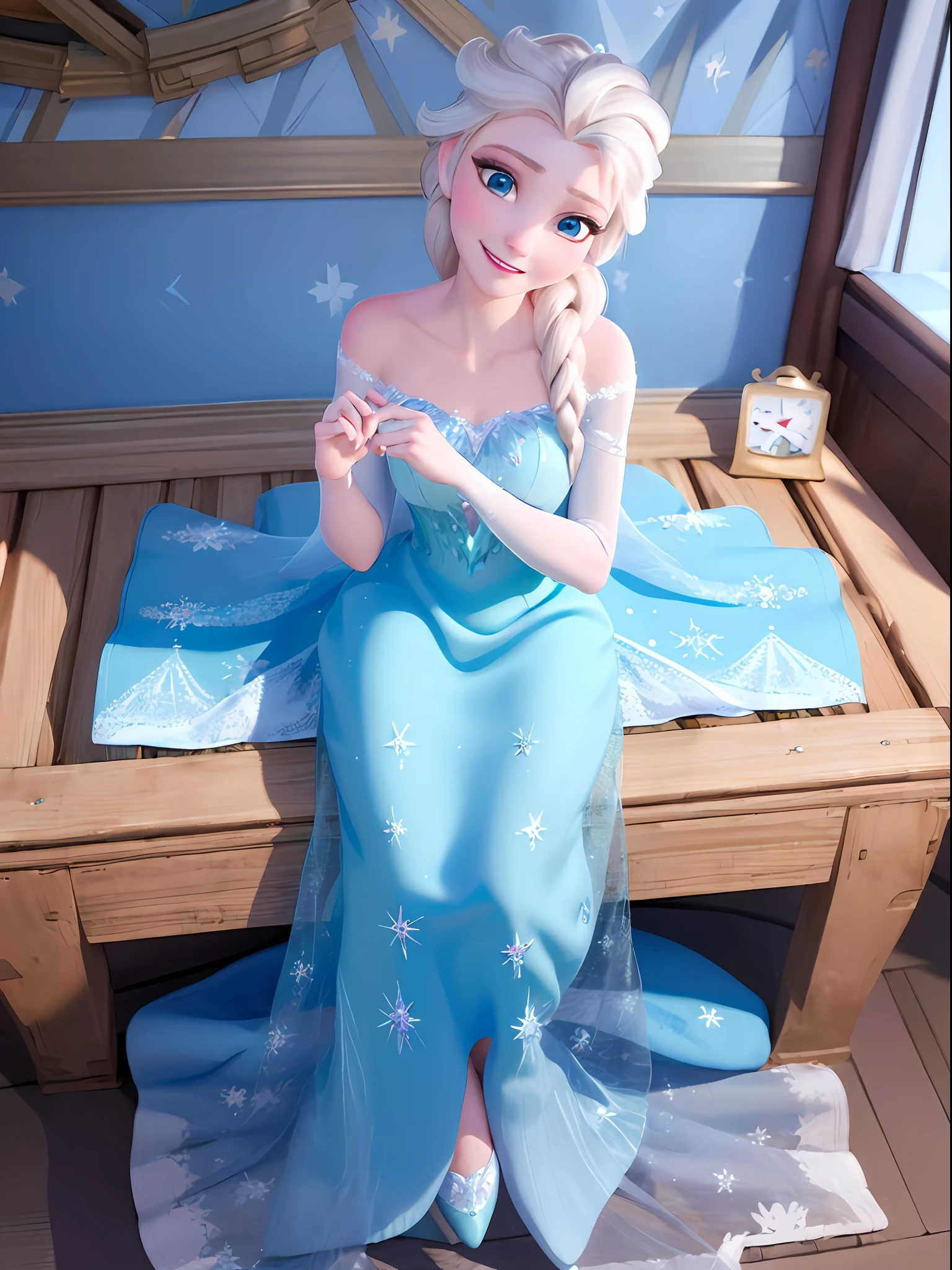 (masterpiece:1.4), (best qualit:1.4), (high resolution:1.4), elsa of arendelle, smile, sitting on bed, ice queen dress, bedroom, looking at viewer, hands at side,