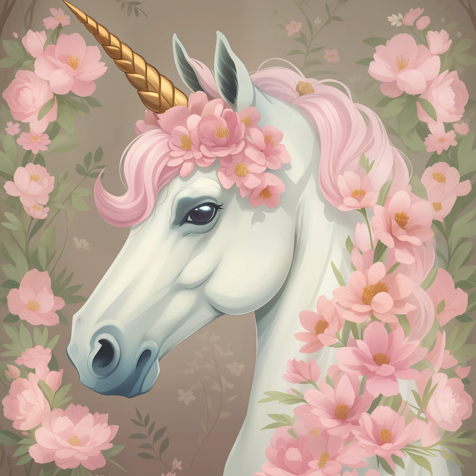 Unicorn with pink mane and flowers on a vintage background, unicorn, white unicorn, a unicorn, unicorns, unicorn horn, beautiful animal pearl queen, unicorn from the tusk movie, magical and mystical, magical fantasy, Cavalo sereno bonito, Directed by: Cíntia Wright, Directed by: Caroline Carruagem-Dayez, Magia Rosa, simplesmente lindo, mytical creature, Directed by: Lucy Peka, bela fantasia
