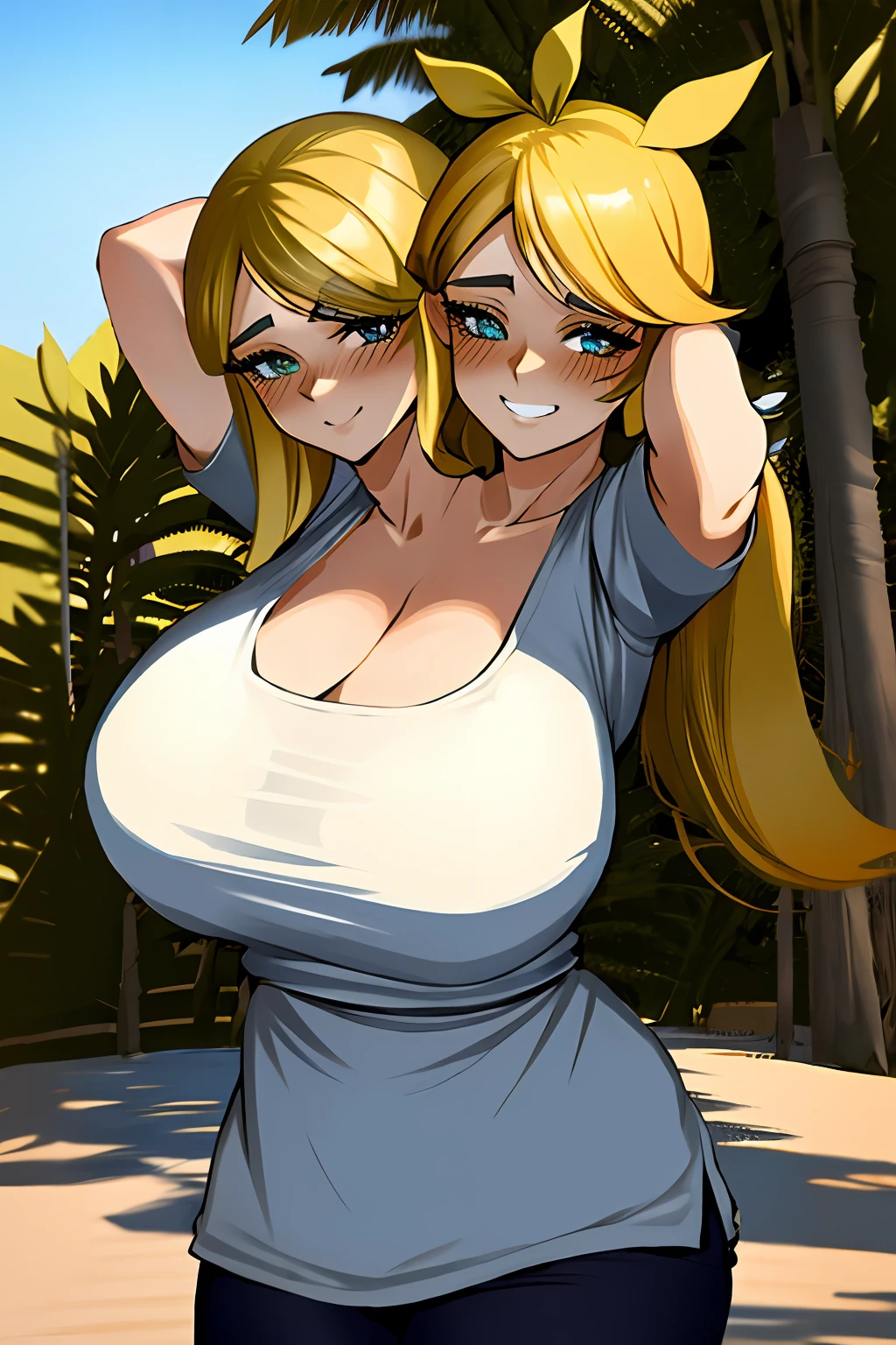 2heads, a short chubby woman with 2 heads. She has enormous breasts. She is outside in a park. She is wearing a tight colorful tank top and leggings. She is wearing a hat. She has gigantic breasts. She has long blonde hair. She is sweating. She looks exhausted. She is smiling. She is blushing. She has enormous breasts. Her breasts are very circular and round.