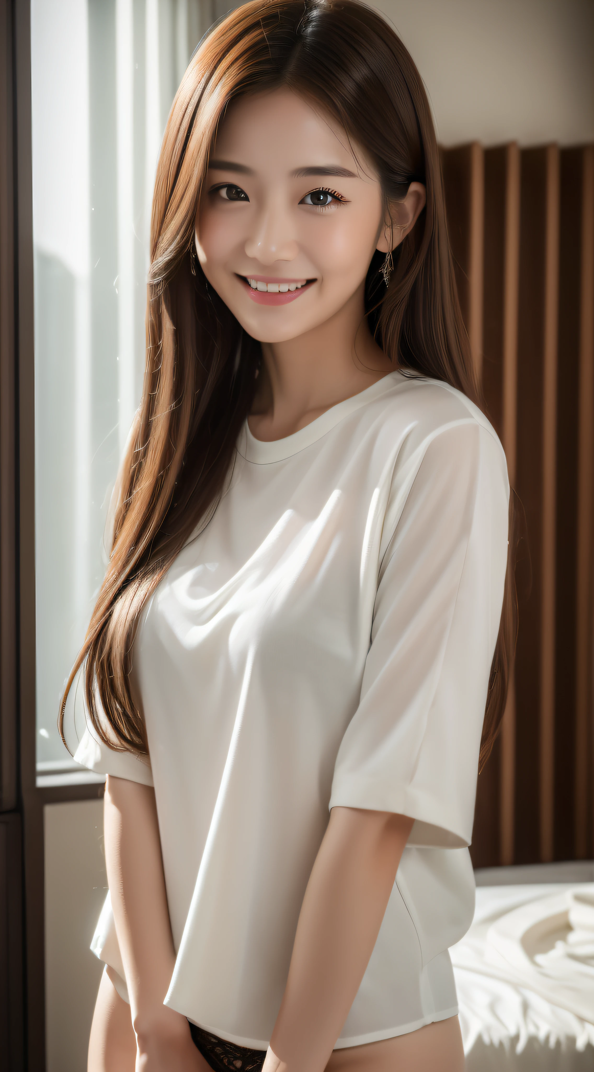 ((top-quality、in 8K、masterpiece:1.3))、1girl in、A smile、The upper part of the body、Slim Faces、Pretty women、(dark brown hair)、Wearing a white cutter shirt:1.4、Panties for the lower body、hyperdetailed face、A detailed eye、二重まぶた、Bedroom in the room、natta、indirect lighting