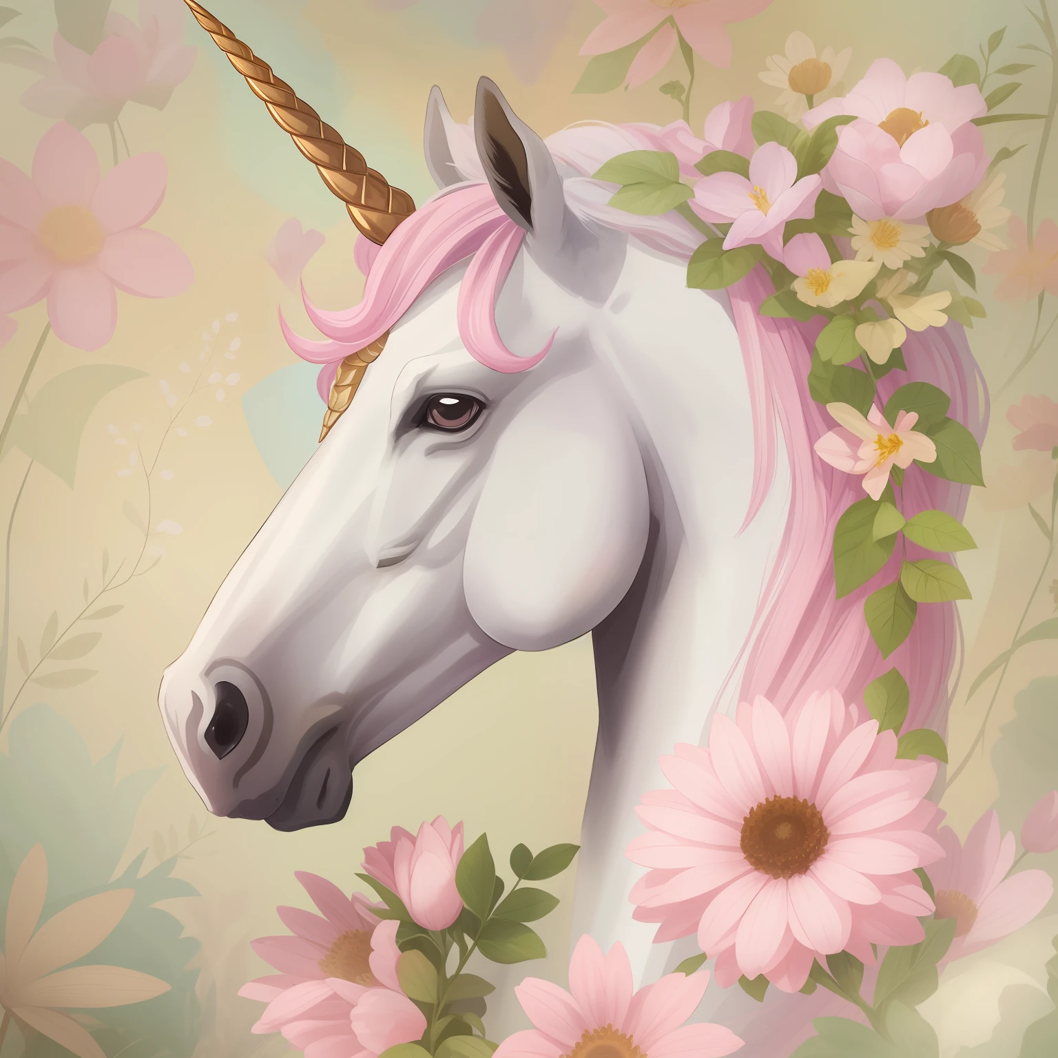 Unicorn with pink mane and flowers on a vintage background, unicorn, white unicorn, a unicorn, unicorns, unicorn horn, beautiful animal pearl queen, unicorn from the tusk movie, magical and mystical, magical fantasy, Cavalo sereno bonito, Directed by: Cíntia Wright, Directed by: Caroline Carruagem-Dayez, Magia Rosa, simplesmente lindo, mytical creature, Directed by: Lucy Peka, bela fantasia
