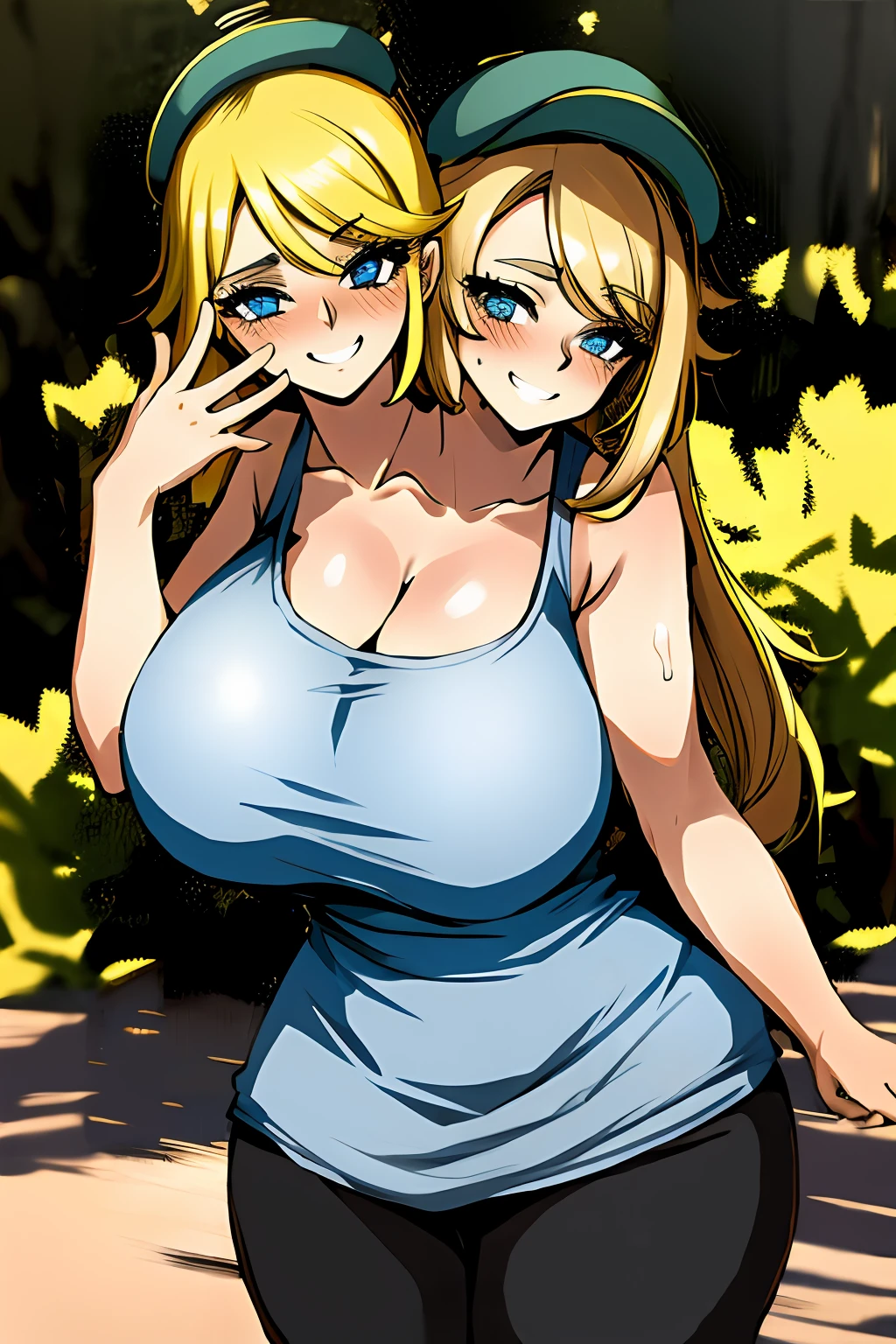 2heads, a short chubby woman with 2 heads. She has enormous breasts. She is outside in a park. She is wearing a tight colorful tank top and leggings. She is wearing a hat. She has gigantic breasts. She has long blonde hair. She is sweating. She looks exhausted. She is smiling. She is blushing. She has enormous breasts. Her breasts are very circular and round.