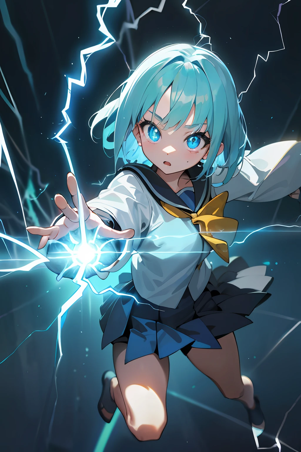 absurderes, hight resolution, ((masutepiece)), animesque、((Best Quality)), (Ultra-detailed), ((Extremely detailed)), (Beautiful), ((Kawaii Girl)), 独奏,(14years:1.6)、Beautiful face, full body Esbian、White skin、(Glowing blue eyes:1.3)、shiny long pale blue hair、The upper part of the body、Gentle face、Fantasy World、Exotic lands、Chengsei Metropolis、Wizard's Clothing、(Electricity is shining from the body:1.6)