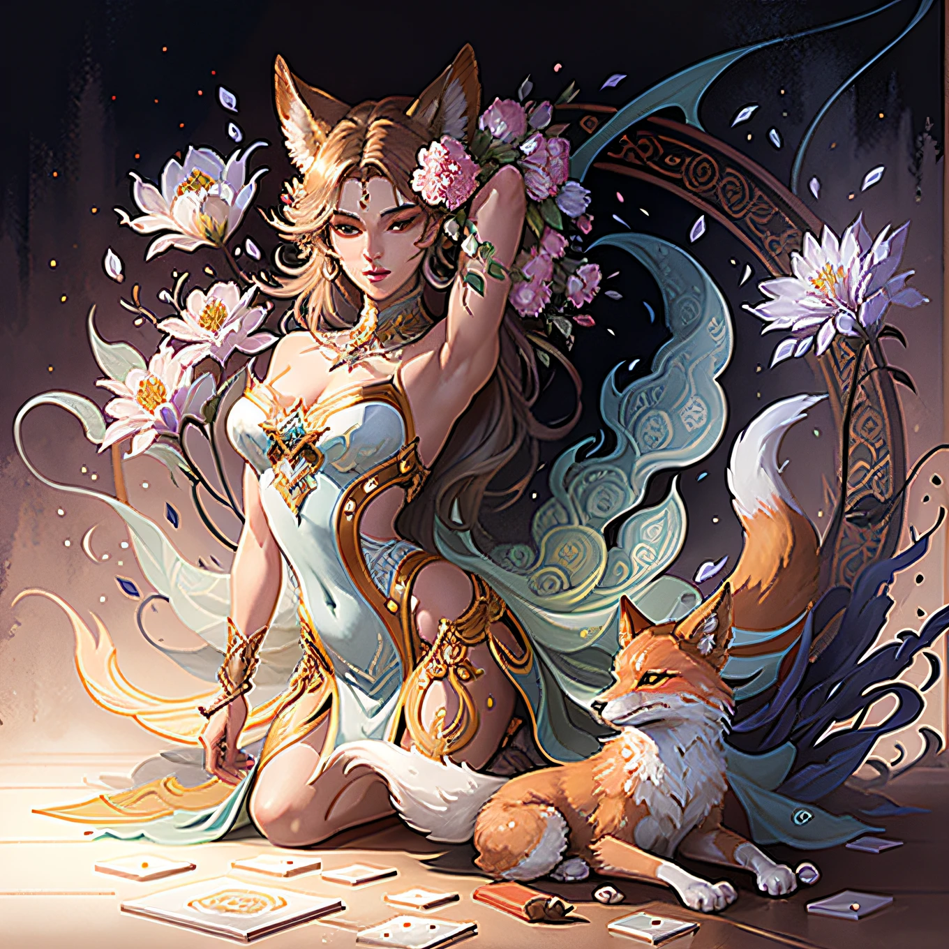Fox,Tile art,Depict beautiful flowers,iintricate,ellegance,Highly meticulous,concept-art,fluency,Sharp focus,Art by Artgerm and Greg Rukowski and Alphonse Mucha。
