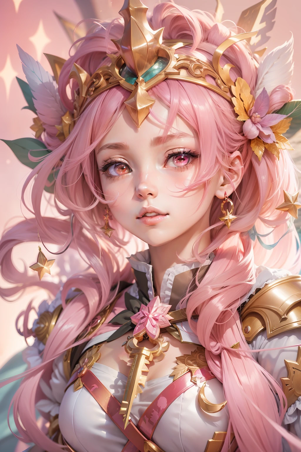 anime girl with pink hair and a crown on her head, portrait knights of zodiac girl, anime goddess, portrait of magical girl, detailed key anime art, leader of zodiac, best anime 4k konachan wallpaper, magical girl anime mahou shojo, anime girl with cosmic hair, anime fantasy illustration, detailed digital anime art, official artwork, official anime artwork